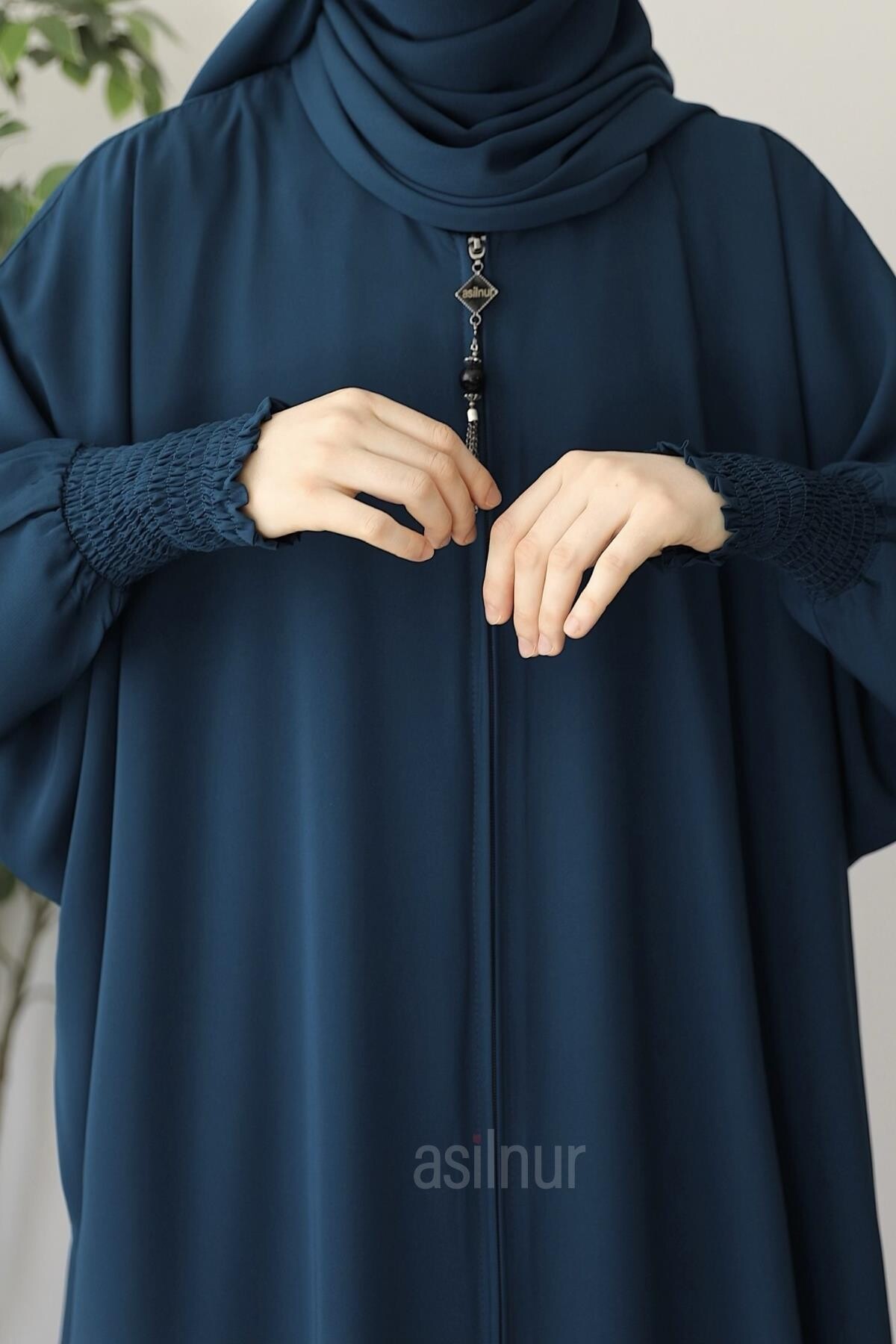 Ebru Yarasa Kollu Ferace Şal Hediyeli Takım Petrol Mavisi - 5