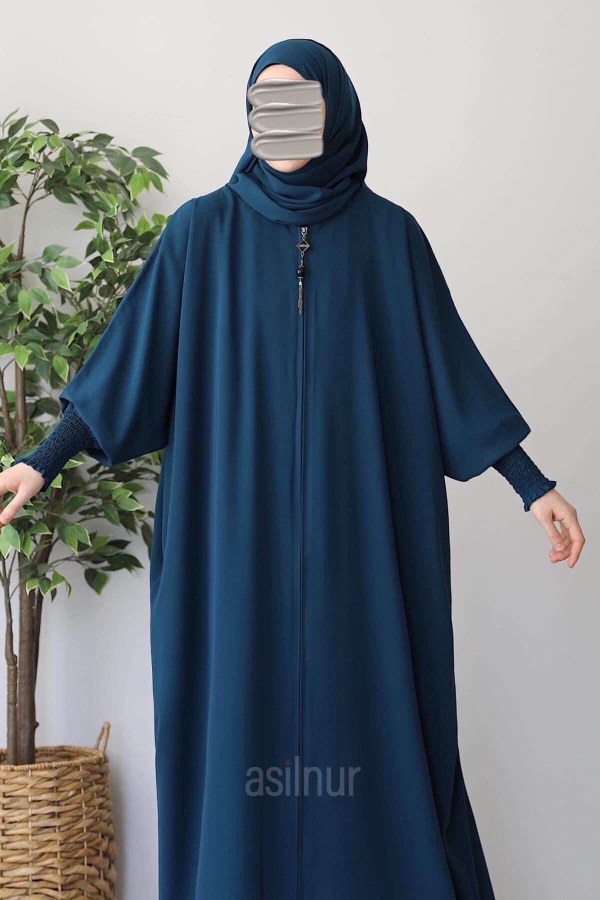 Ebru Yarasa Kollu Ferace Şal Hediyeli Takım Petrol Mavisi - 6