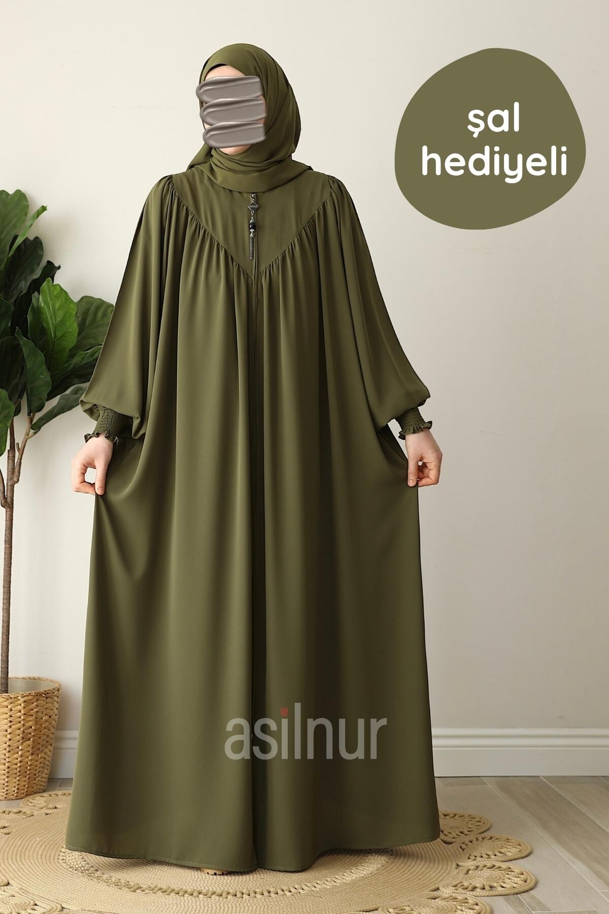 Elif Ferace Şal Hediyeli Takım Yağ Yeşili - ASİLNUR