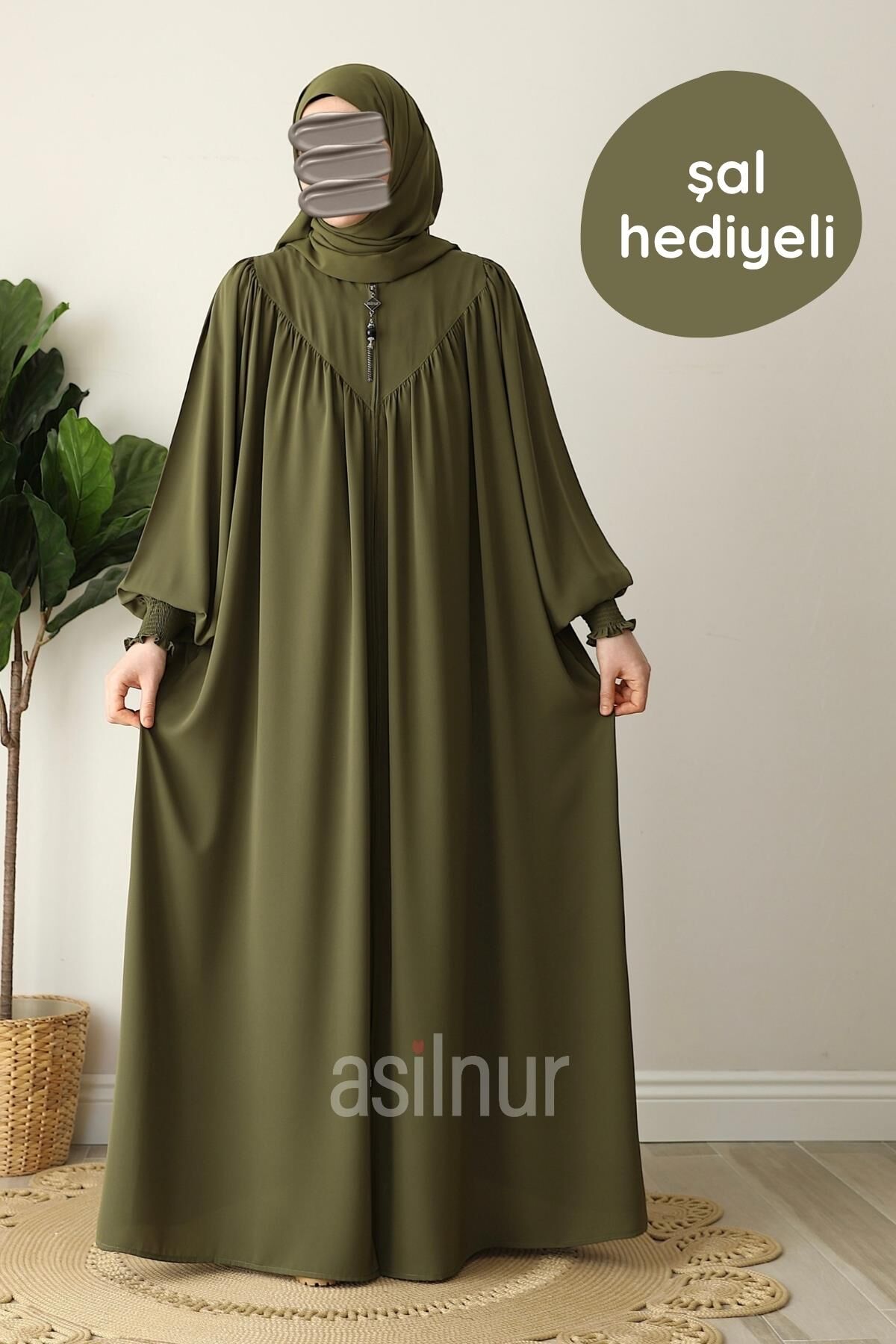 Elif Ferace Şal Hediyeli Takım Yağ Yeşili - 1
