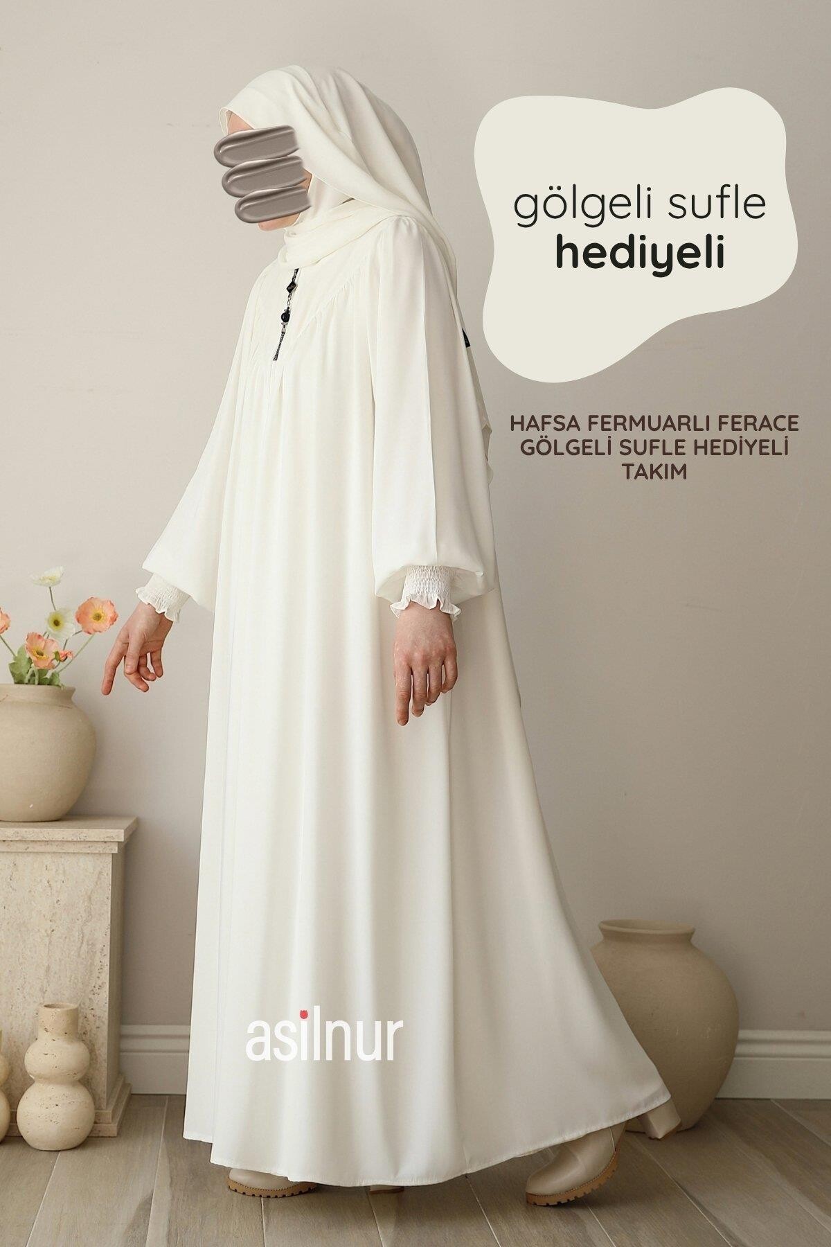 Hafsa Fermuarlı Ferace Gölgeli Sufle Hediyeli Takım Ekru - ASİLNUR