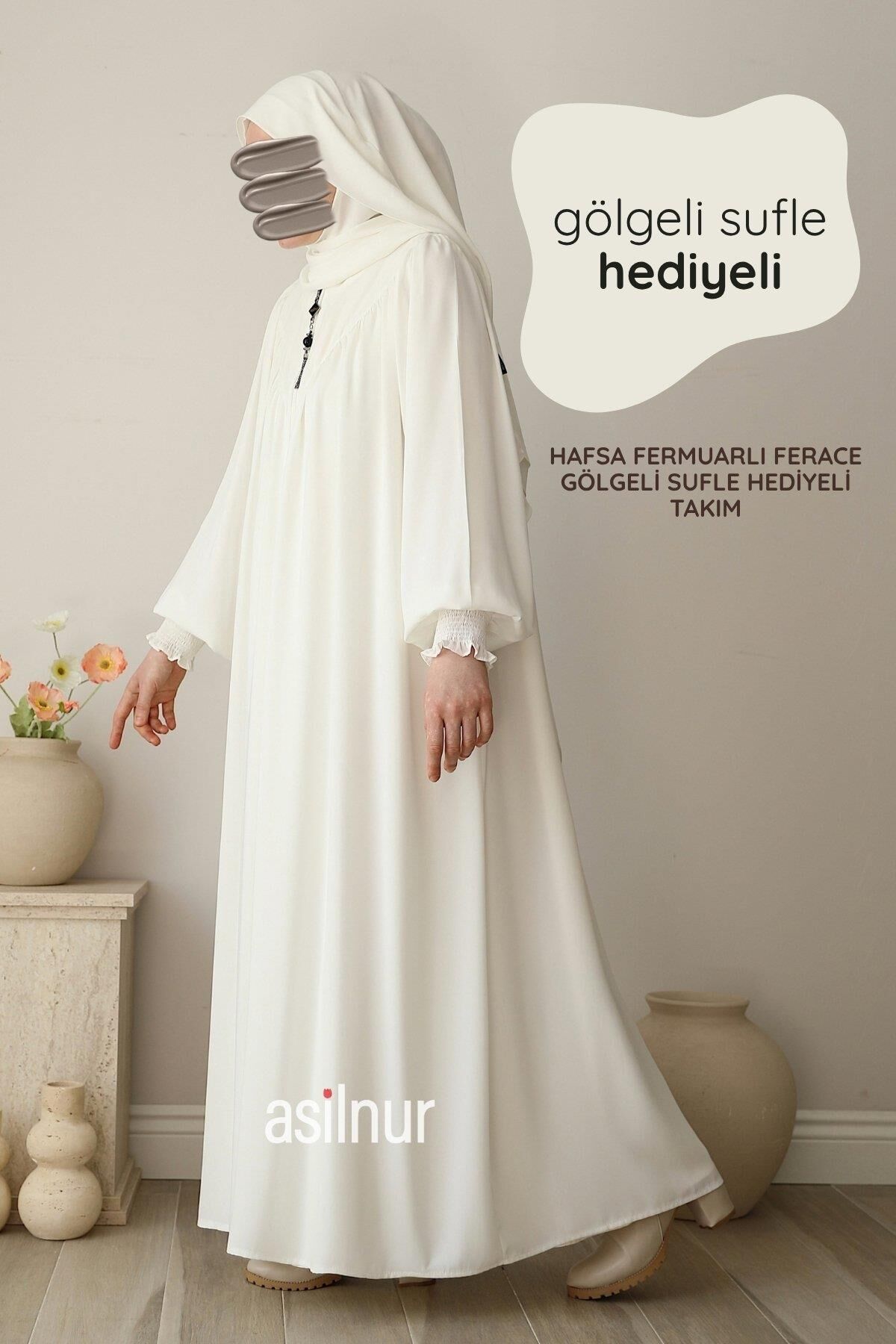 Hafsa Fermuarlı Ferace Gölgeli Sufle Hediyeli Takım Ekru - 1