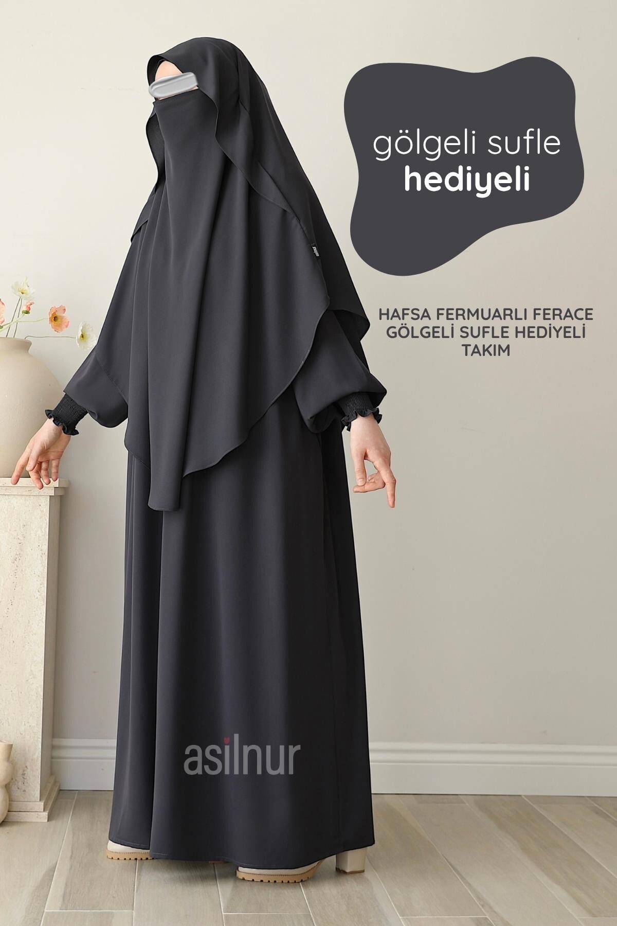 Hafsa Fermuarlı Ferace Gölgeli Sufle Hediyeli Takım Füme 
