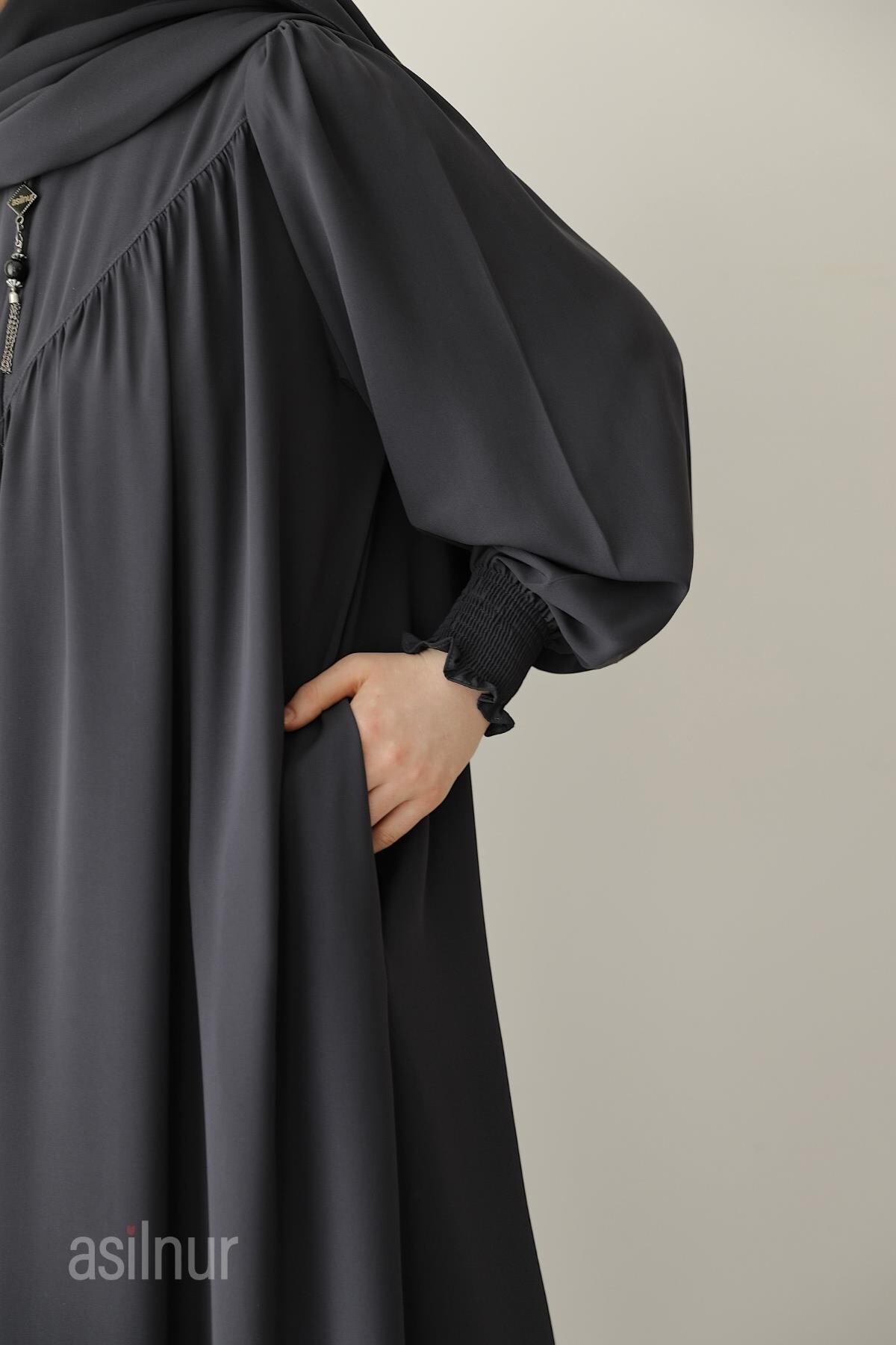 Hafsa Fermuarlı Ferace Gölgeli Sufle Hediyeli Takım Füme - 7