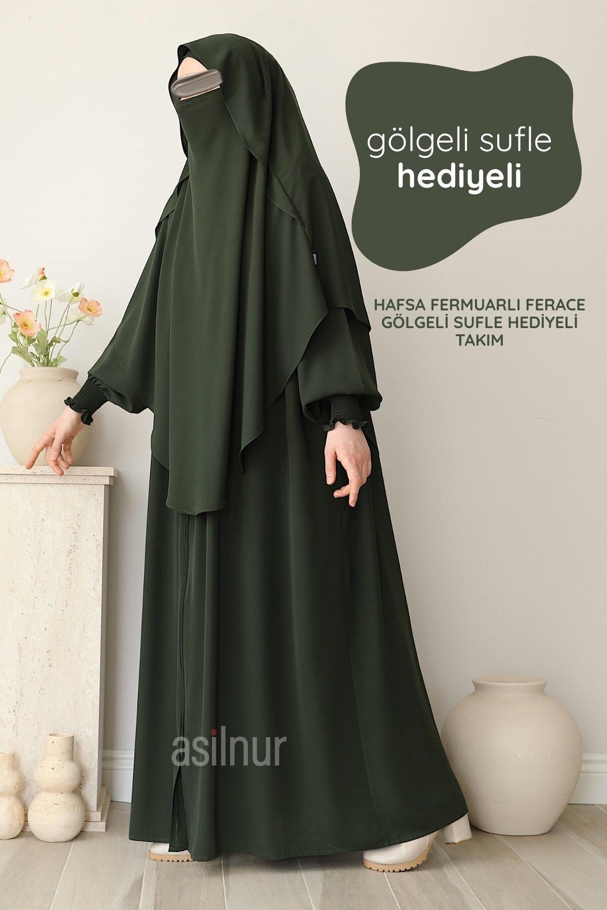 Hafsa Fermuarlı Ferace Gölgeli Sufle Hediyeli Takım Haki - ASİLNUR