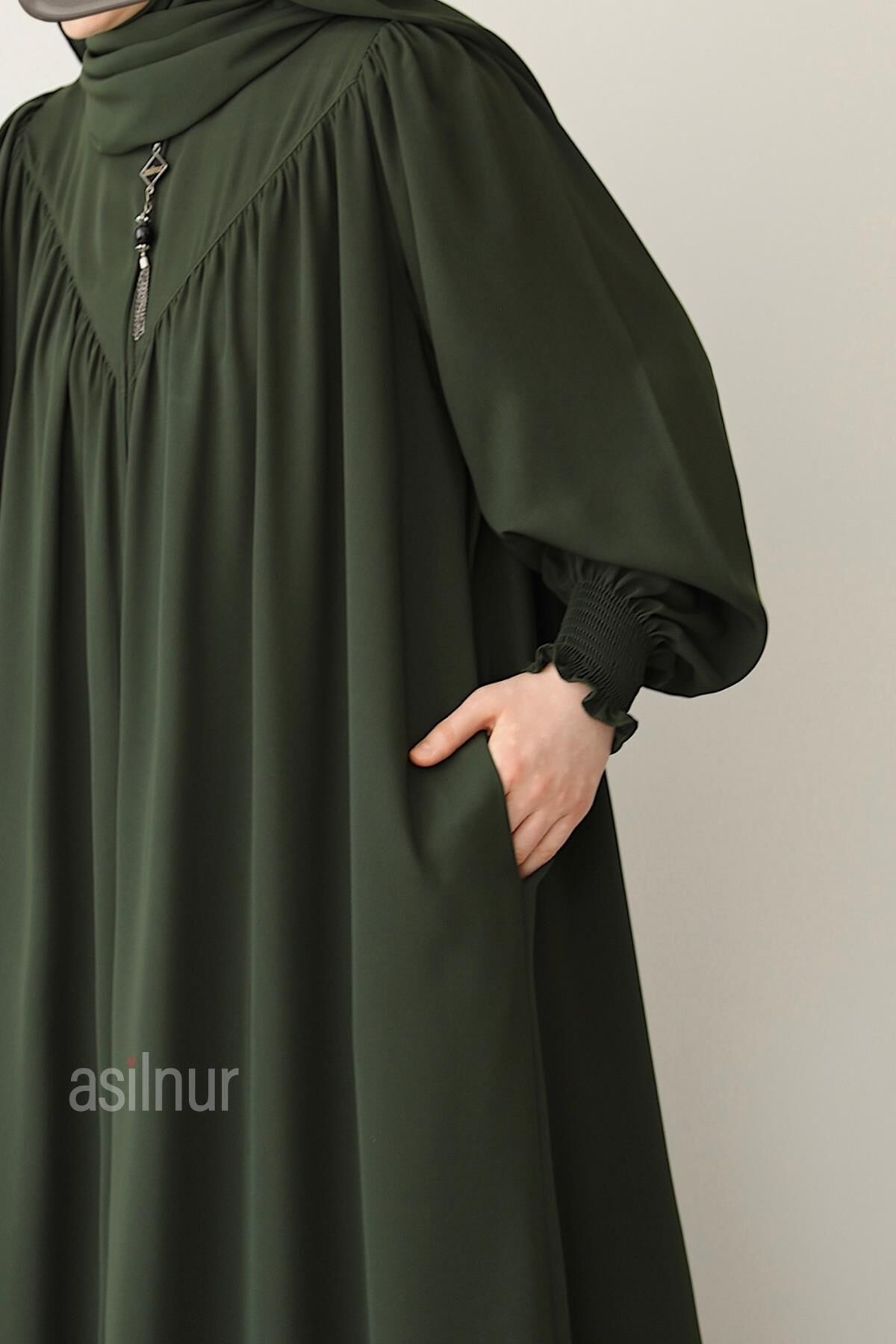 Hafsa Fermuarlı Ferace Gölgeli Sufle Hediyeli Takım Haki - 8