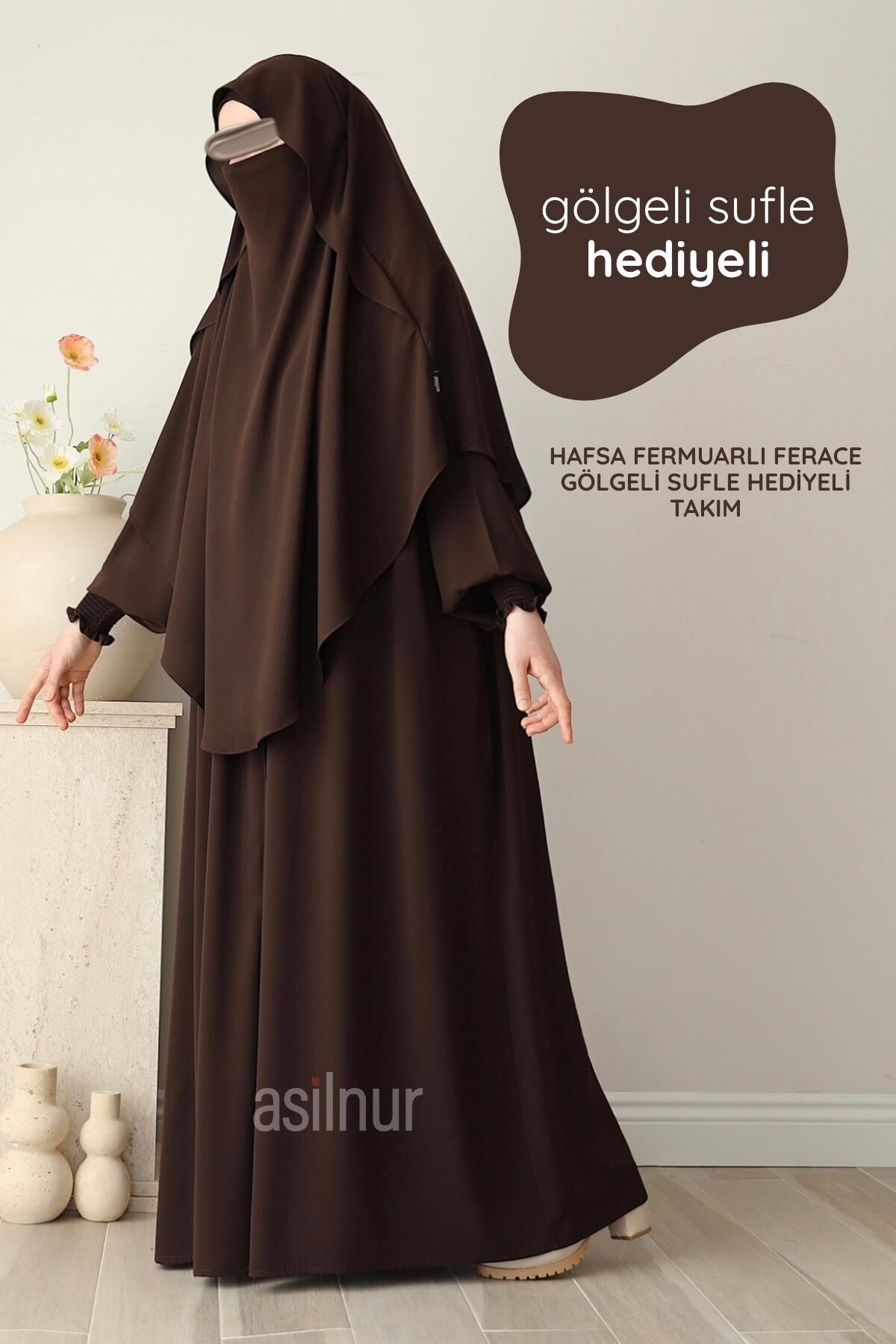Hafsa Fermuarlı Ferace Gölgeli Sufle Hediyeli Takım Kahverengi 