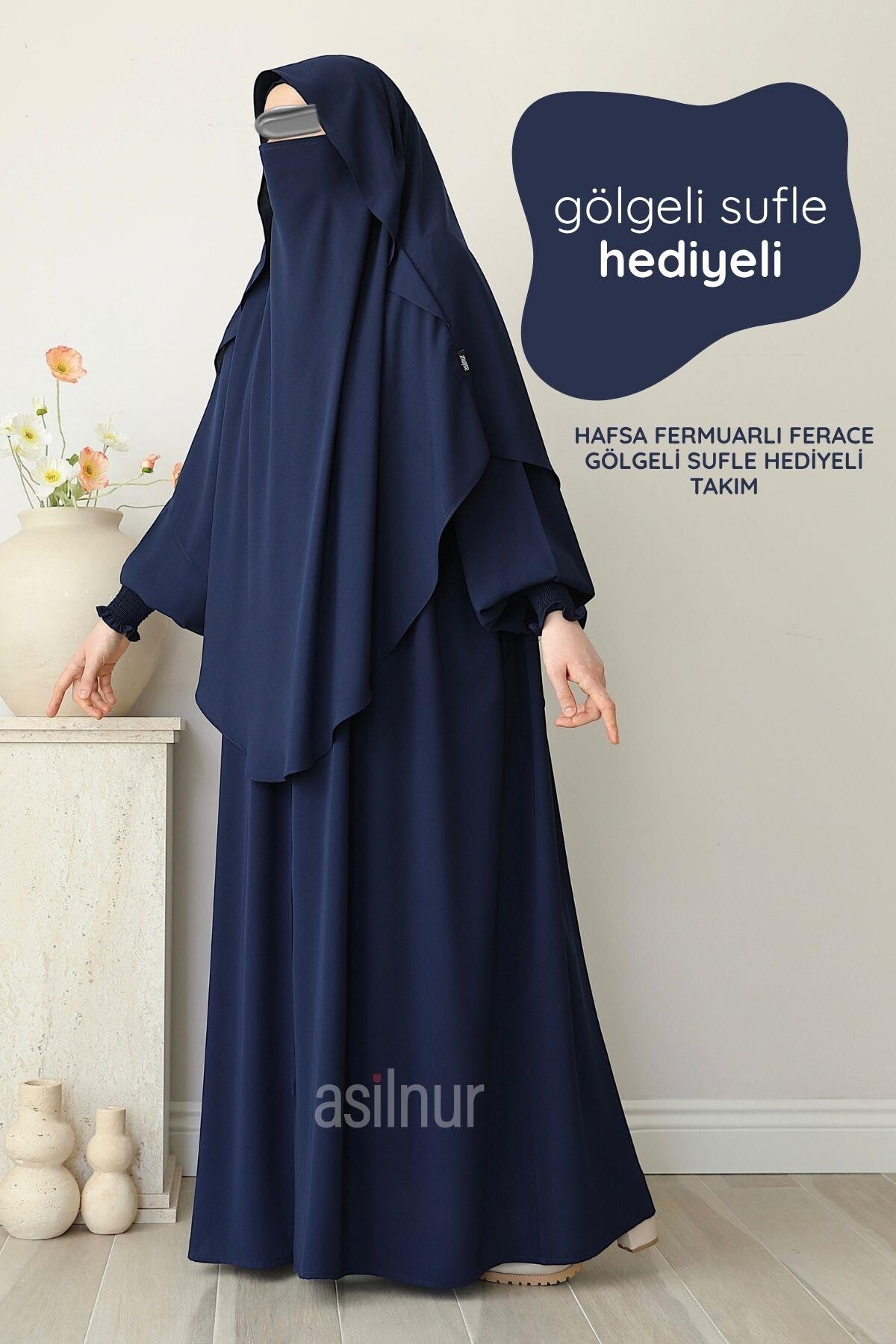 Hafsa Fermuarlı Ferace Gölgeli Sufle Hediyeli Takım Lacivert 