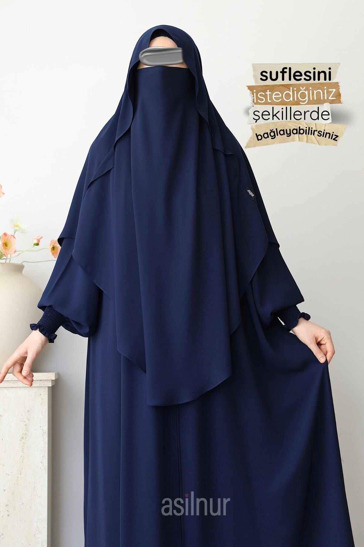 Hafsa Fermuarlı Ferace Gölgeli Sufle Hediyeli Takım Lacivert - 3