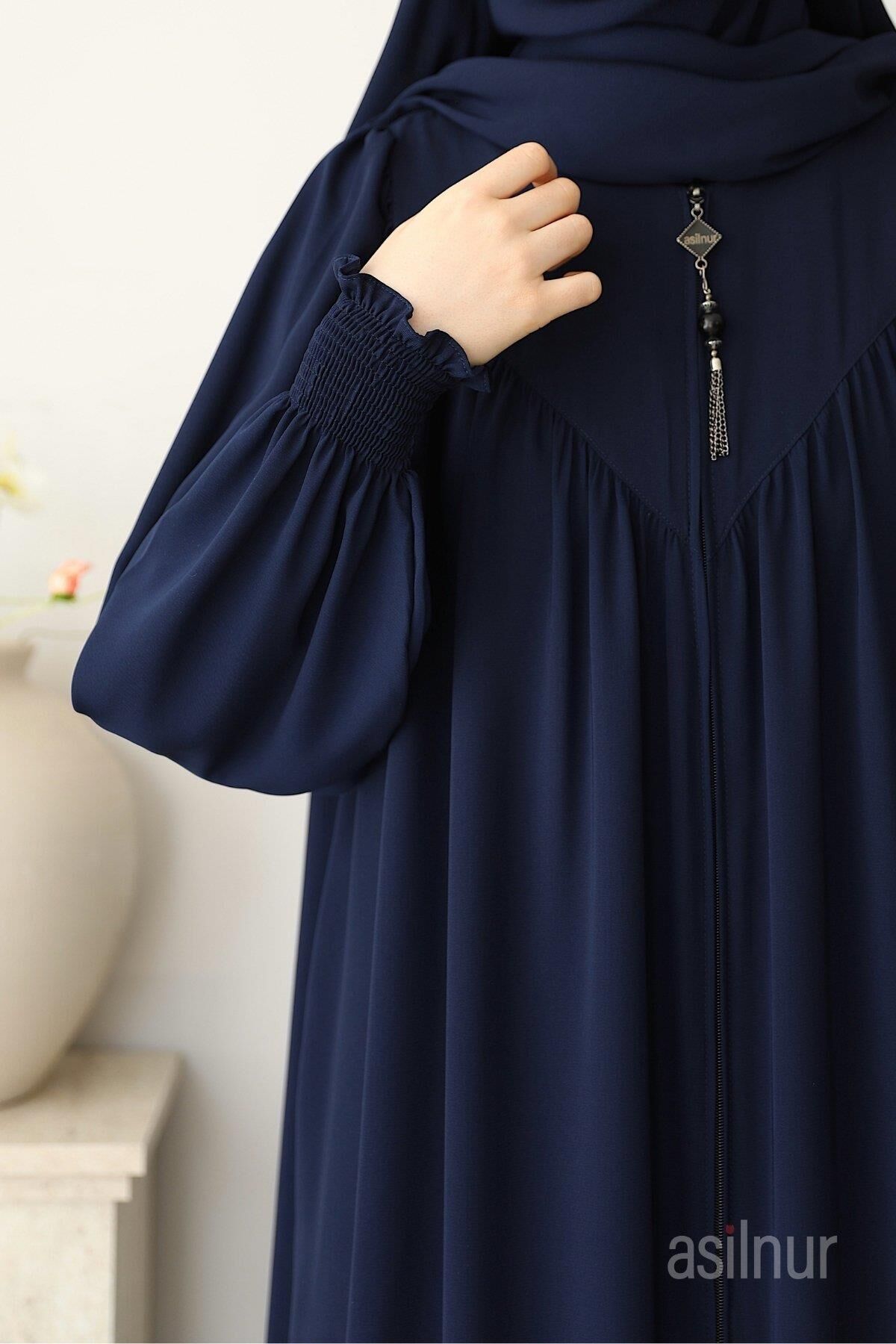 Hafsa Fermuarlı Ferace Gölgeli Sufle Hediyeli Takım Lacivert - 8