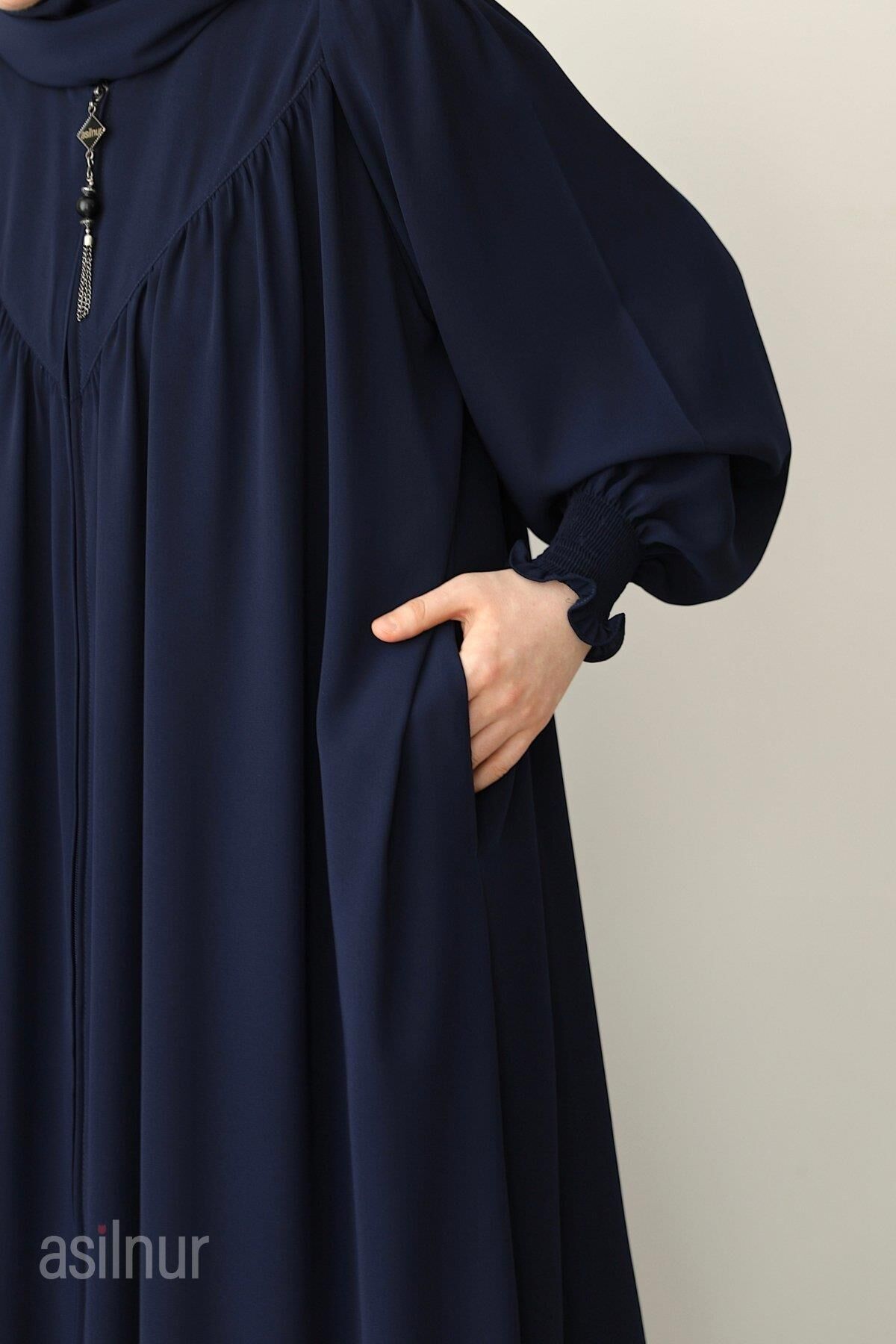Hafsa Fermuarlı Ferace Gölgeli Sufle Hediyeli Takım Lacivert - 9