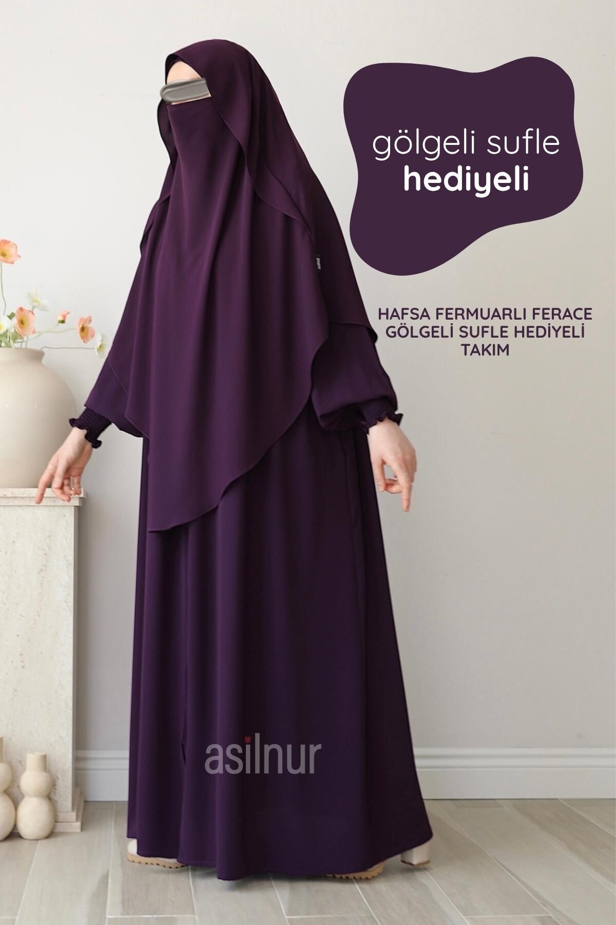 Hafsa Fermuarlı Ferace Gölgeli Sufle Hediyeli Takım Mürdüm 