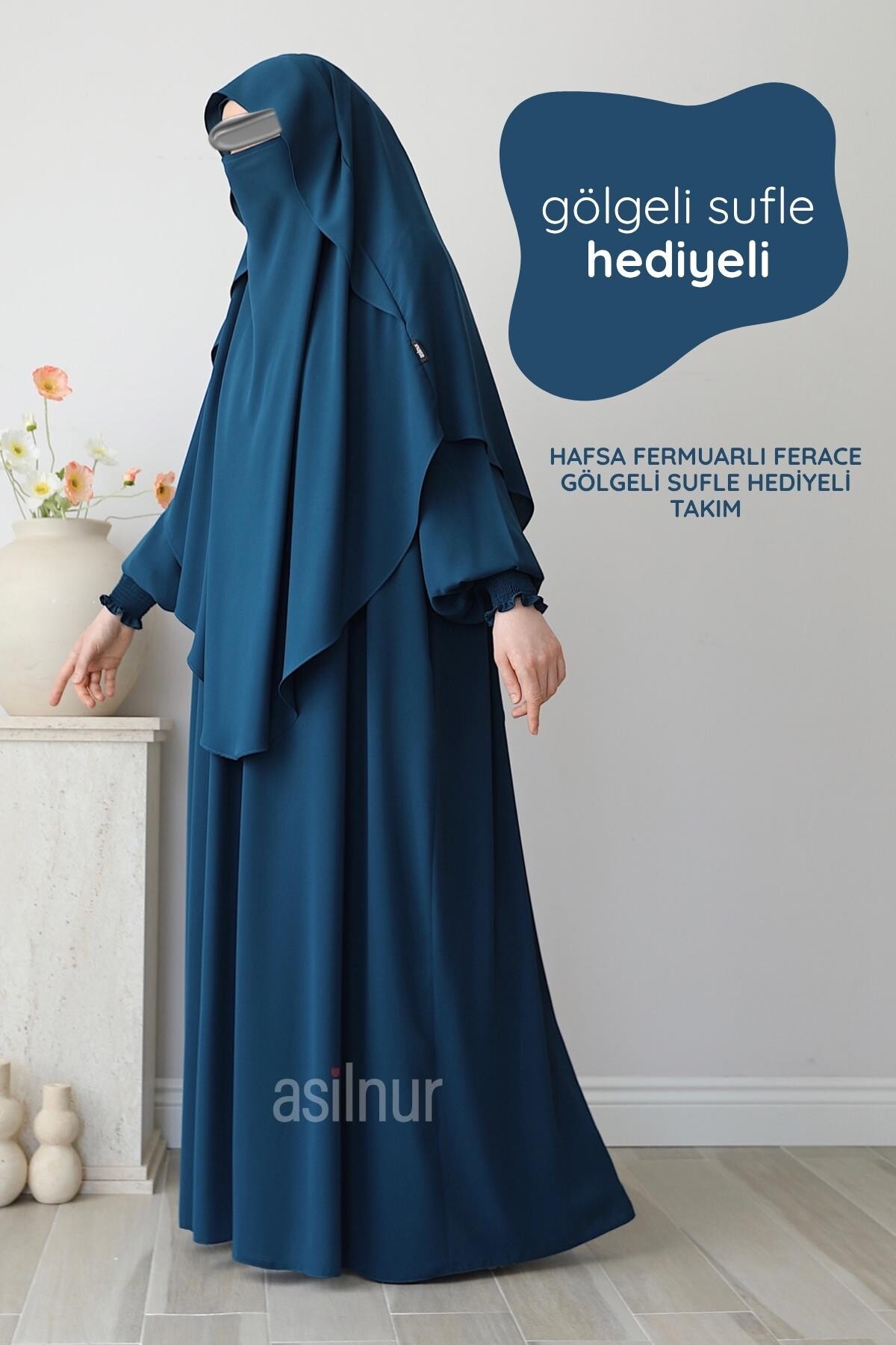Hafsa Fermuarlı Ferace Gölgeli Sufle Hediyeli Takım Petrol Mavisi 
