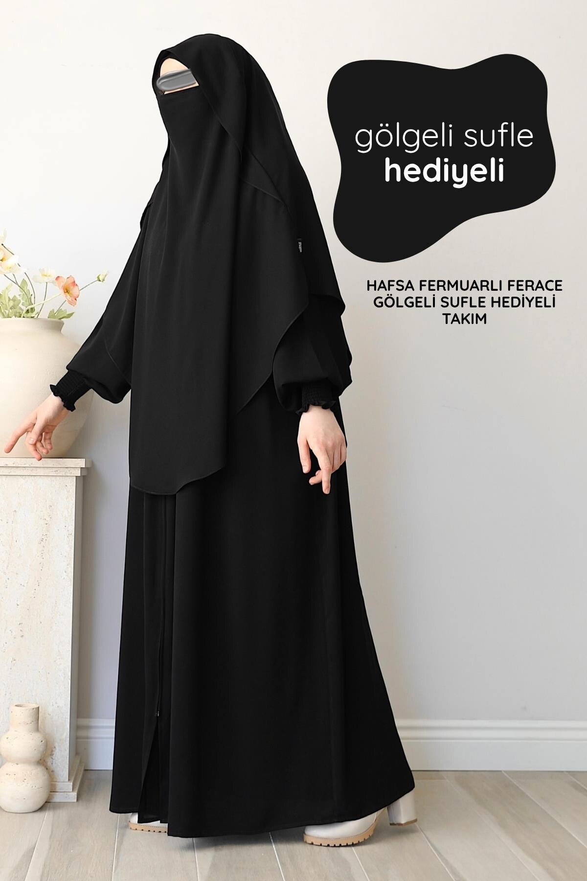 Hafsa Fermuarlı Ferace Gölgeli Sufle Hediyeli Takım Siyah 