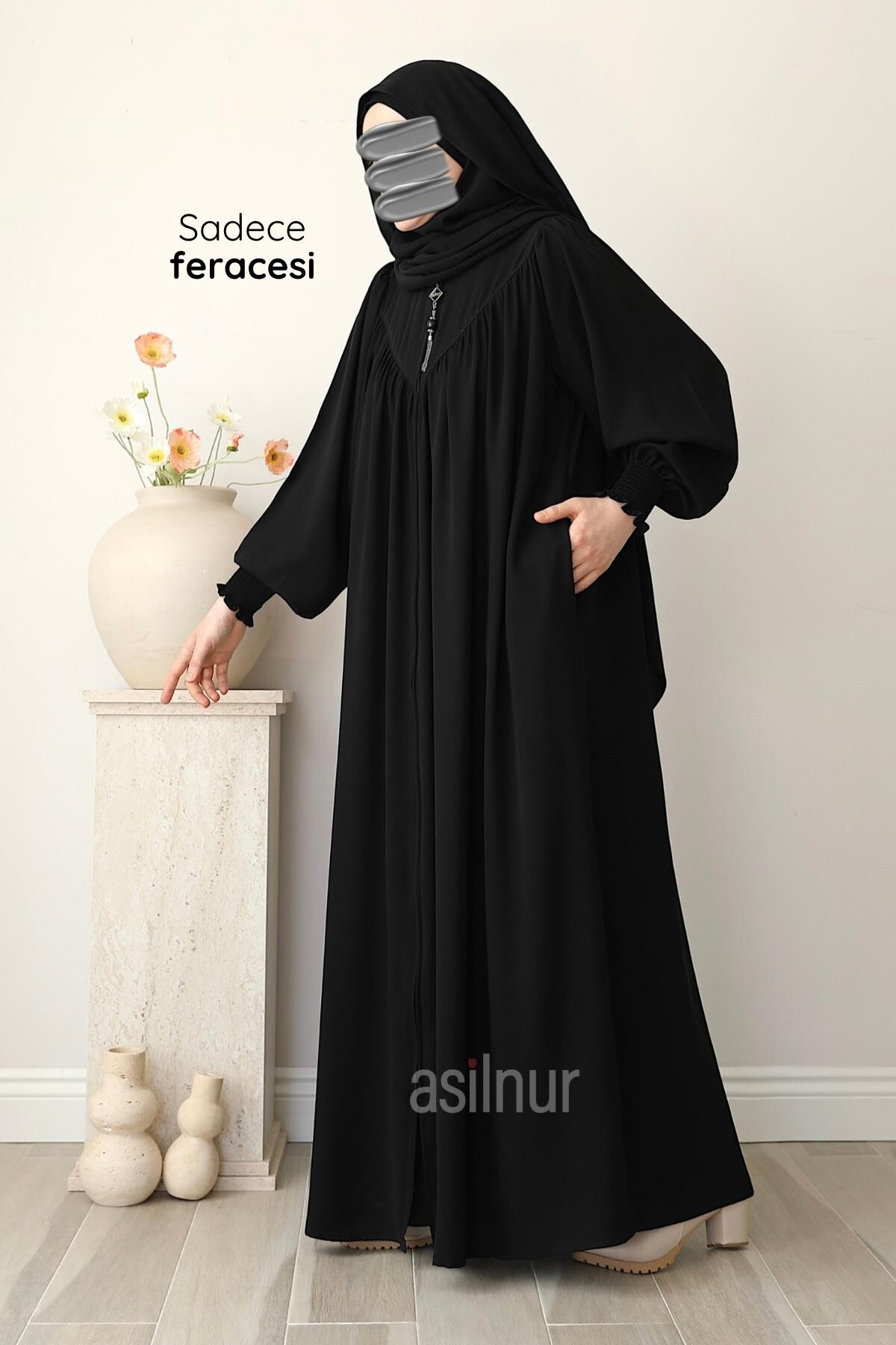 Hafsa Fermuarlı Ferace Gölgeli Sufle Hediyeli Takım Siyah - 4