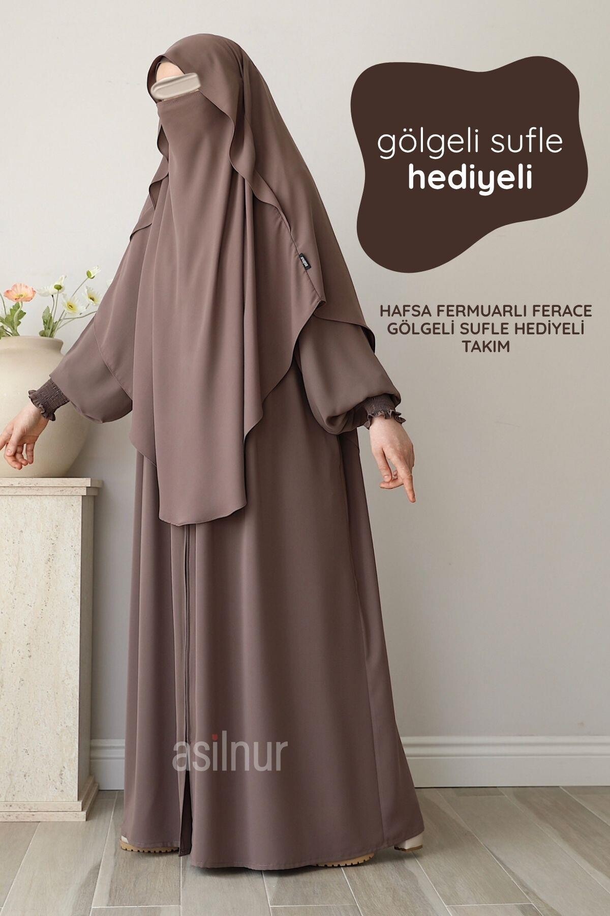 Hafsa Fermuarlı Ferace Gölgeli Sufle Hediyeli Takım Vizon 