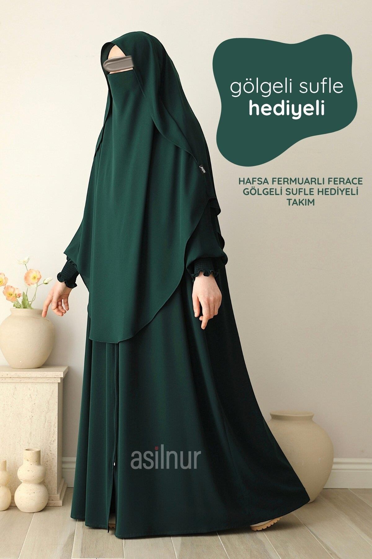 Hafsa Fermuarlı Ferace Gölgeli Sufle Hediyeli Takım Zümrüt Yeşili - ASİLNUR