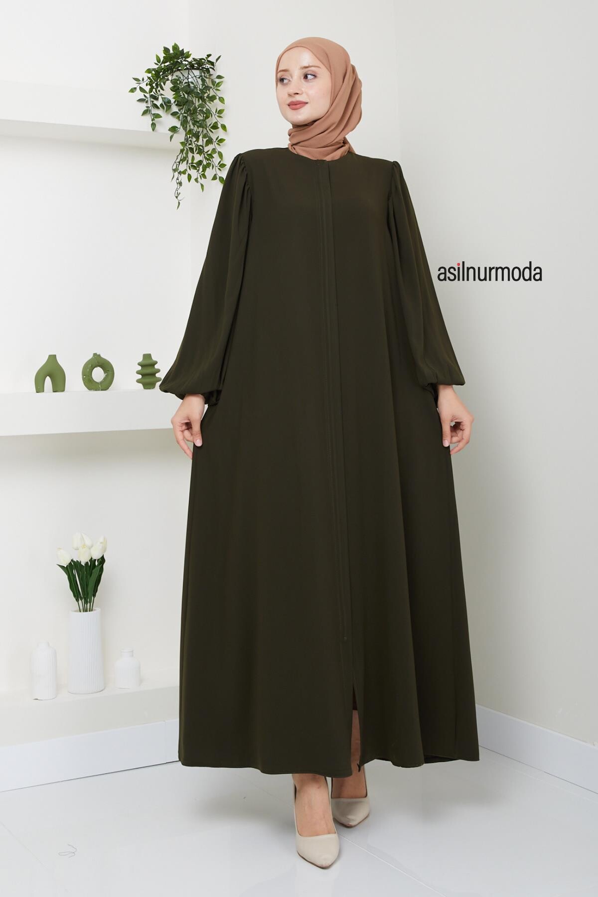 Hale Omuz Pileli Balon Kol Ferace Haki - 1