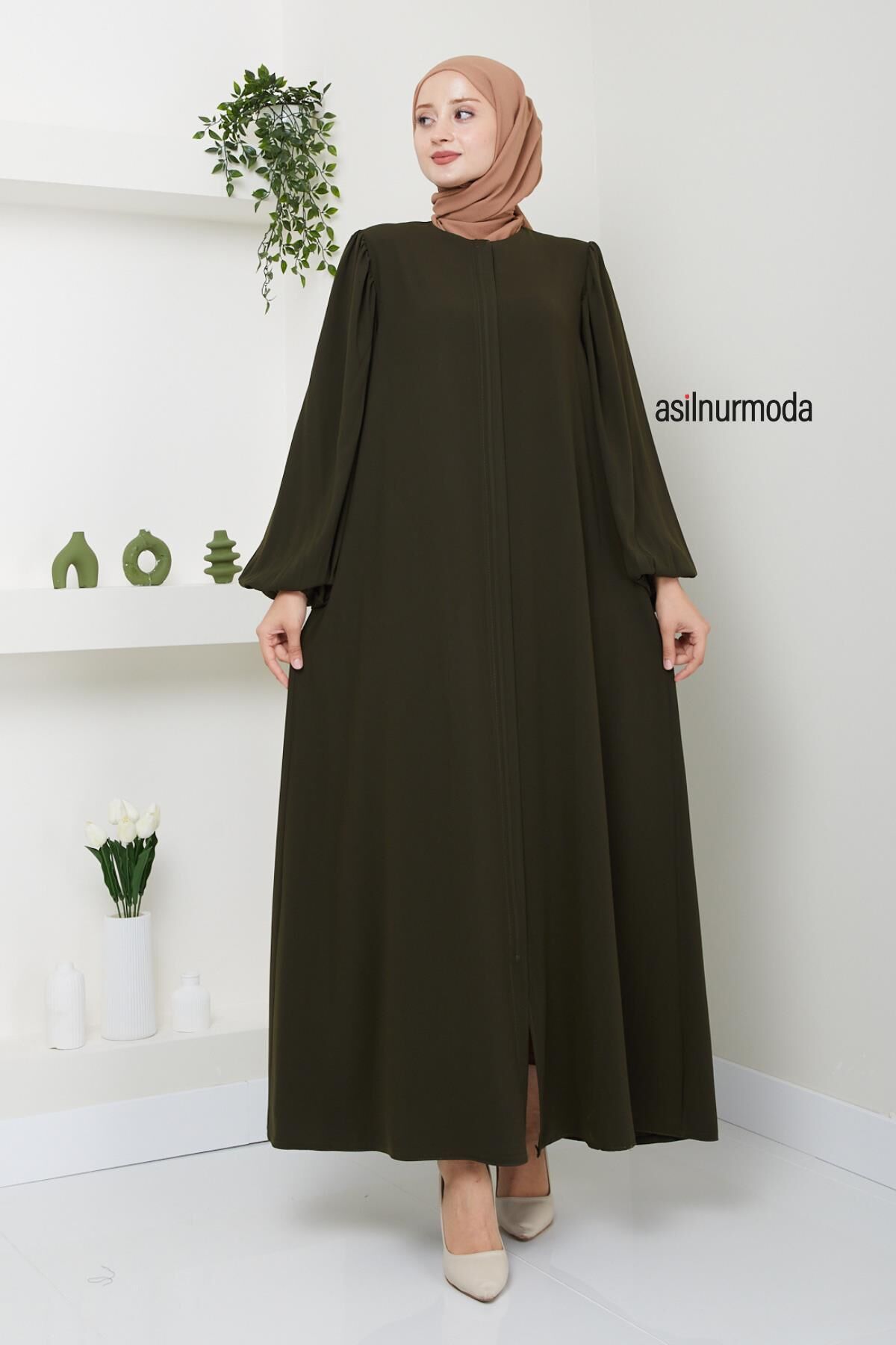 Hale Omuz Pileli Balon Kol Ferace Haki - 1