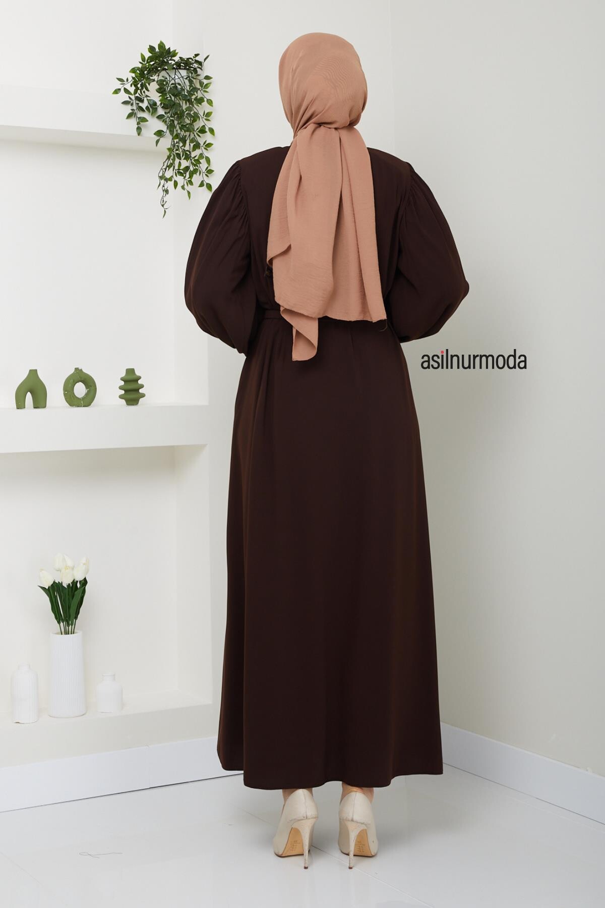 Hale Omuz Pileli Balon Kol Ferace Kahverengi - 5