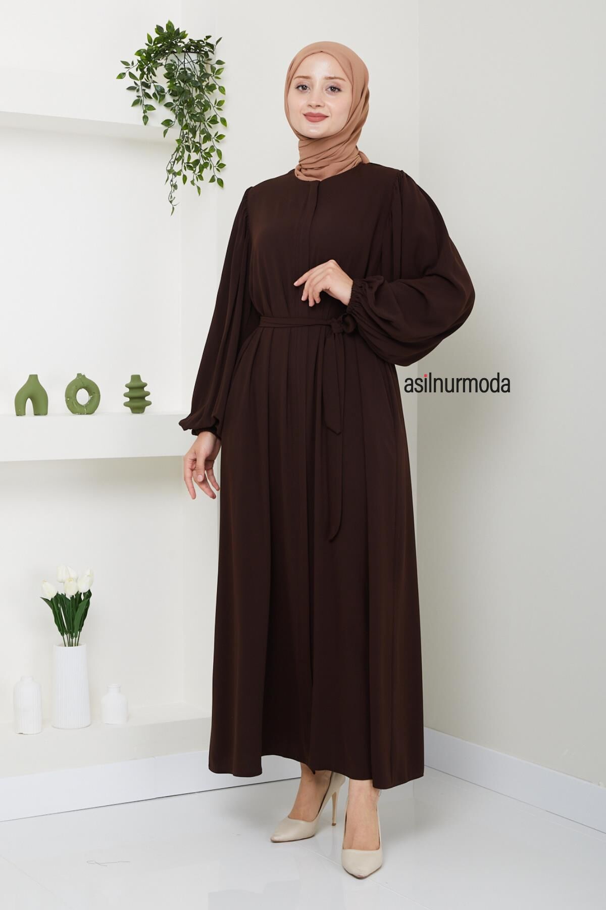 Hale Omuz Pileli Balon Kol Ferace Kahverengi - 1