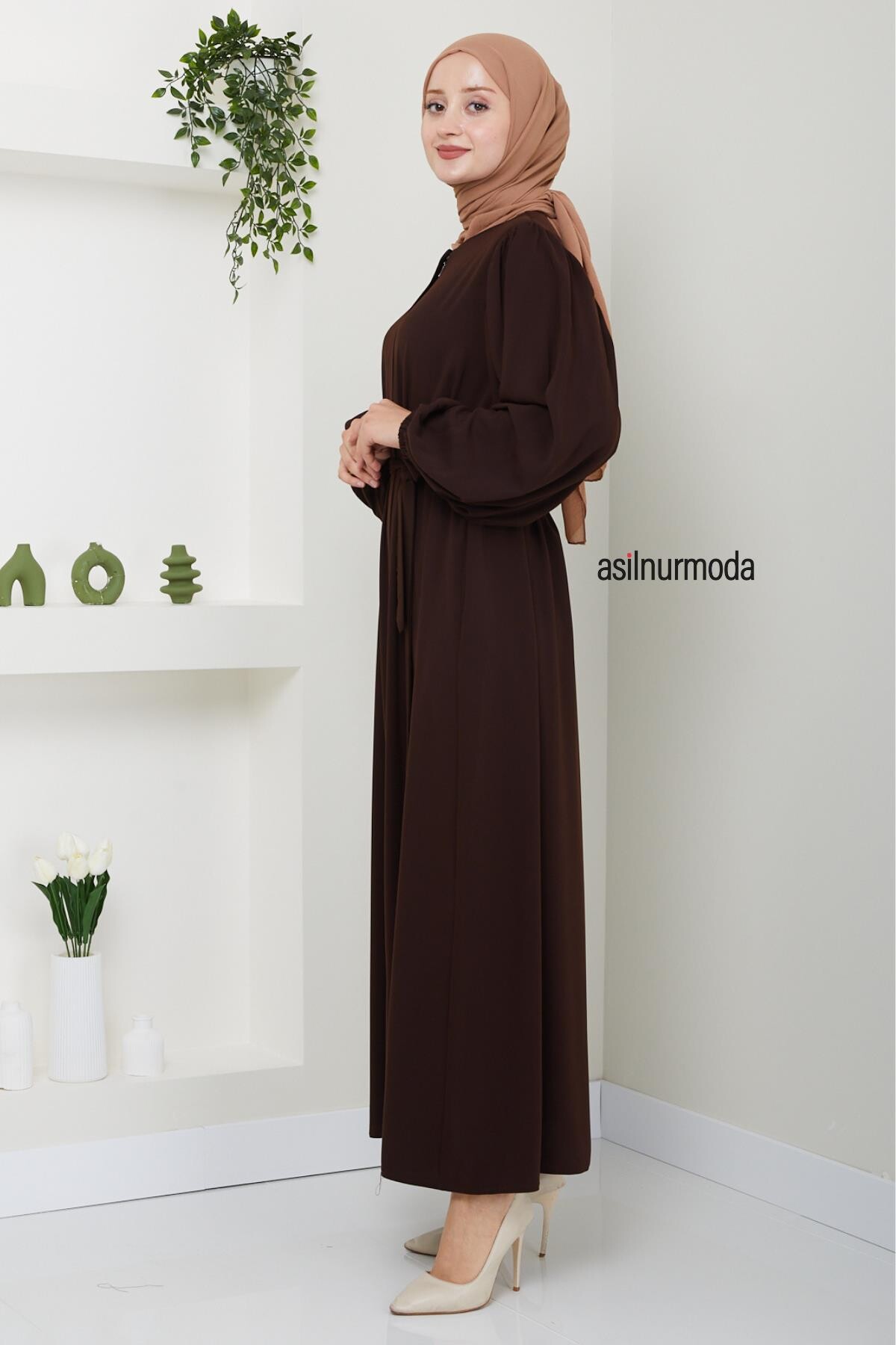 Hale Omuz Pileli Balon Kol Ferace Kahverengi - 3