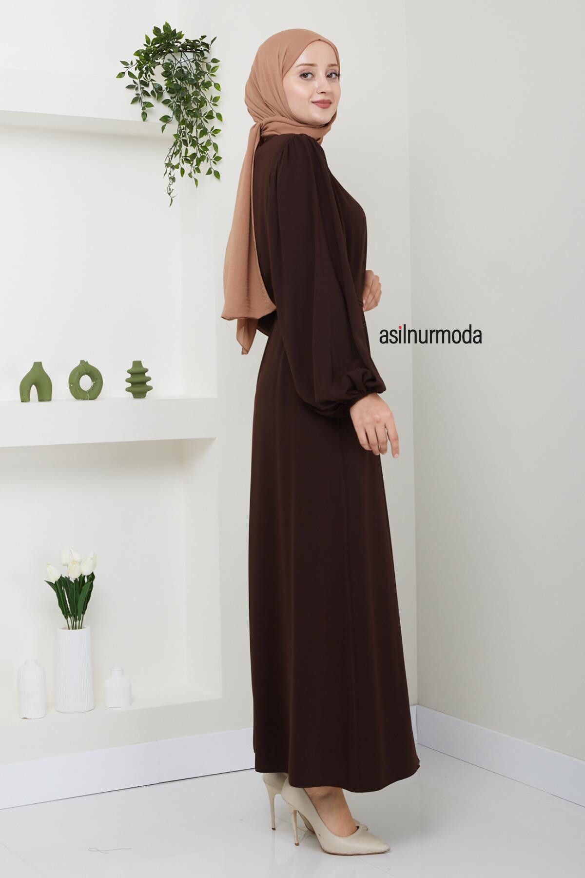 Hale Omuz Pileli Balon Kol Ferace Kahverengi - 4