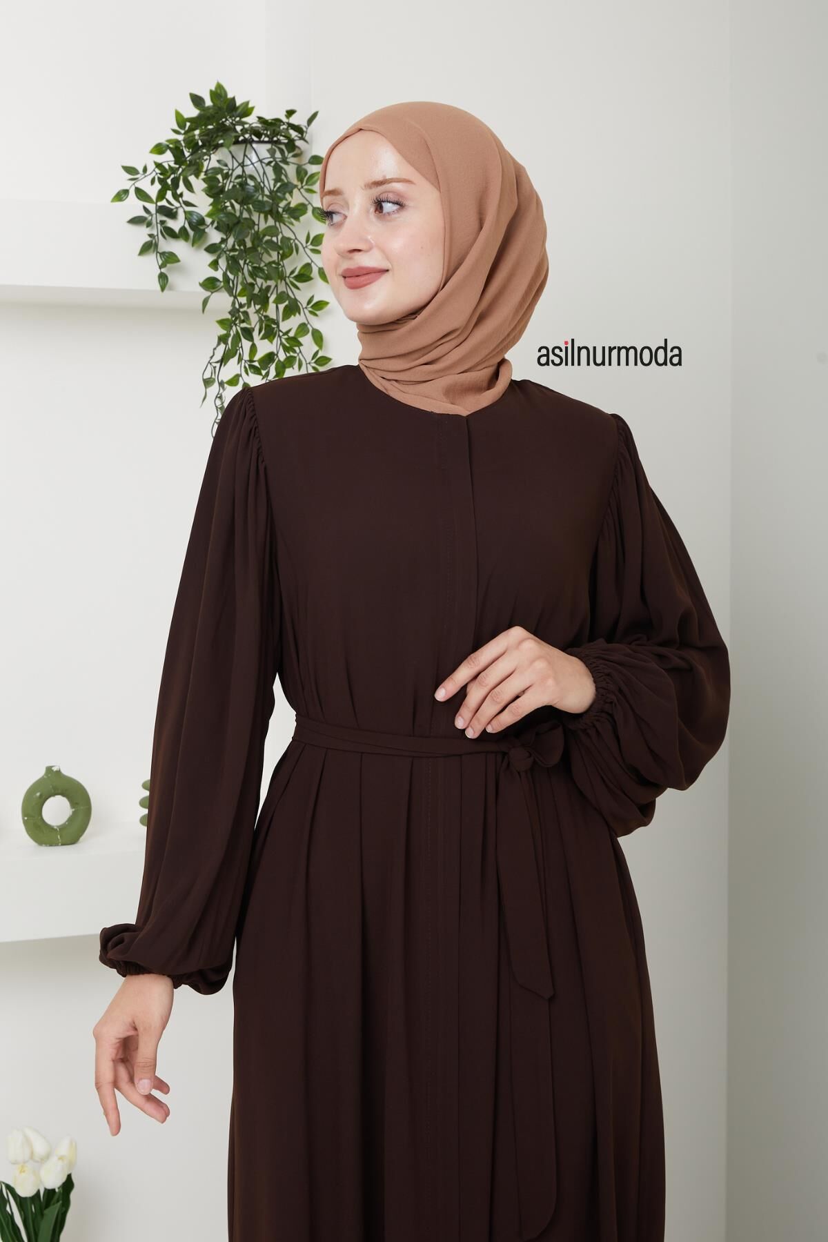 Hale Omuz Pileli Balon Kol Ferace Kahverengi - 6