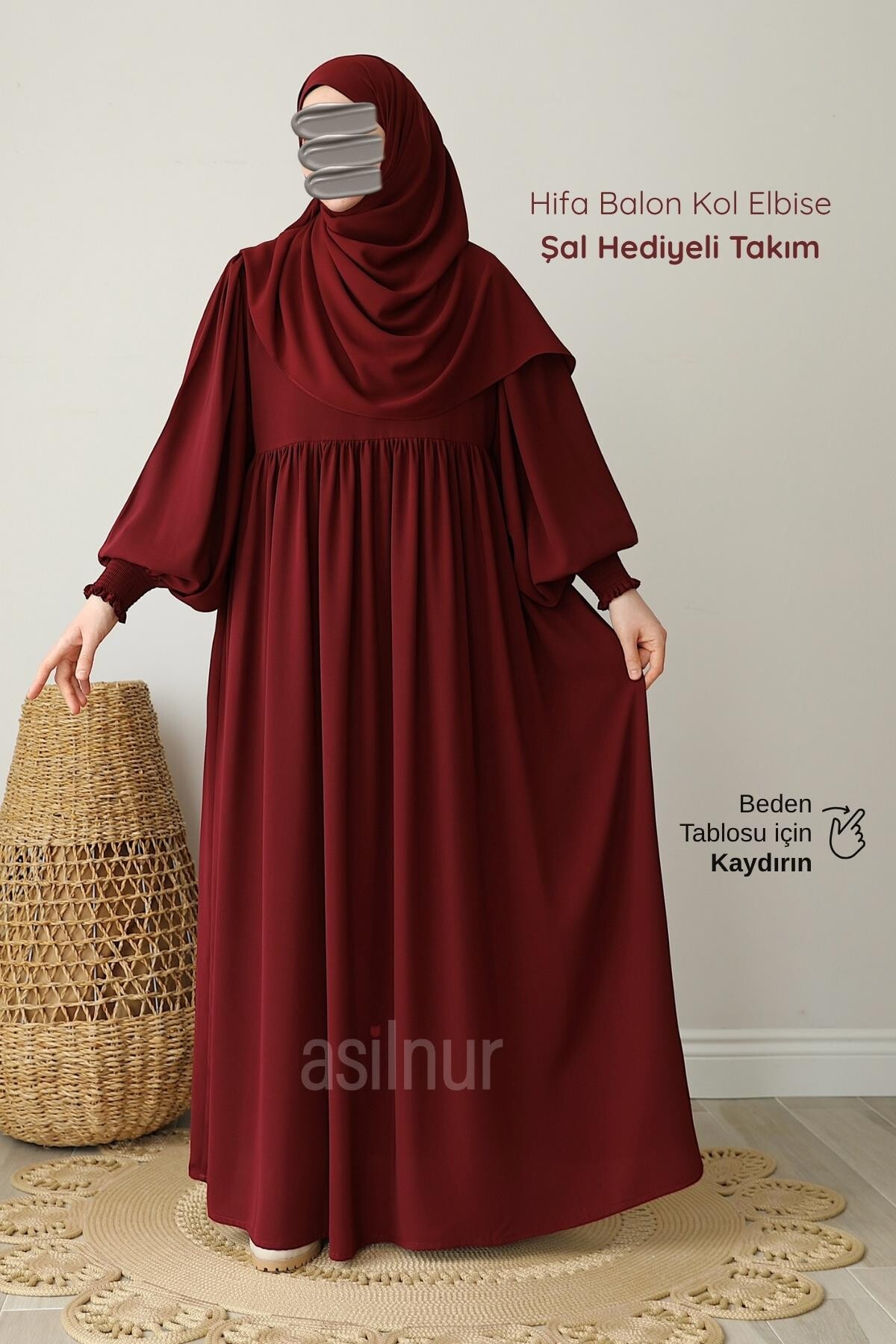 Hifa Balon Kol Elbise Şal Hediyeli Takım Bordo - ASİLNUR