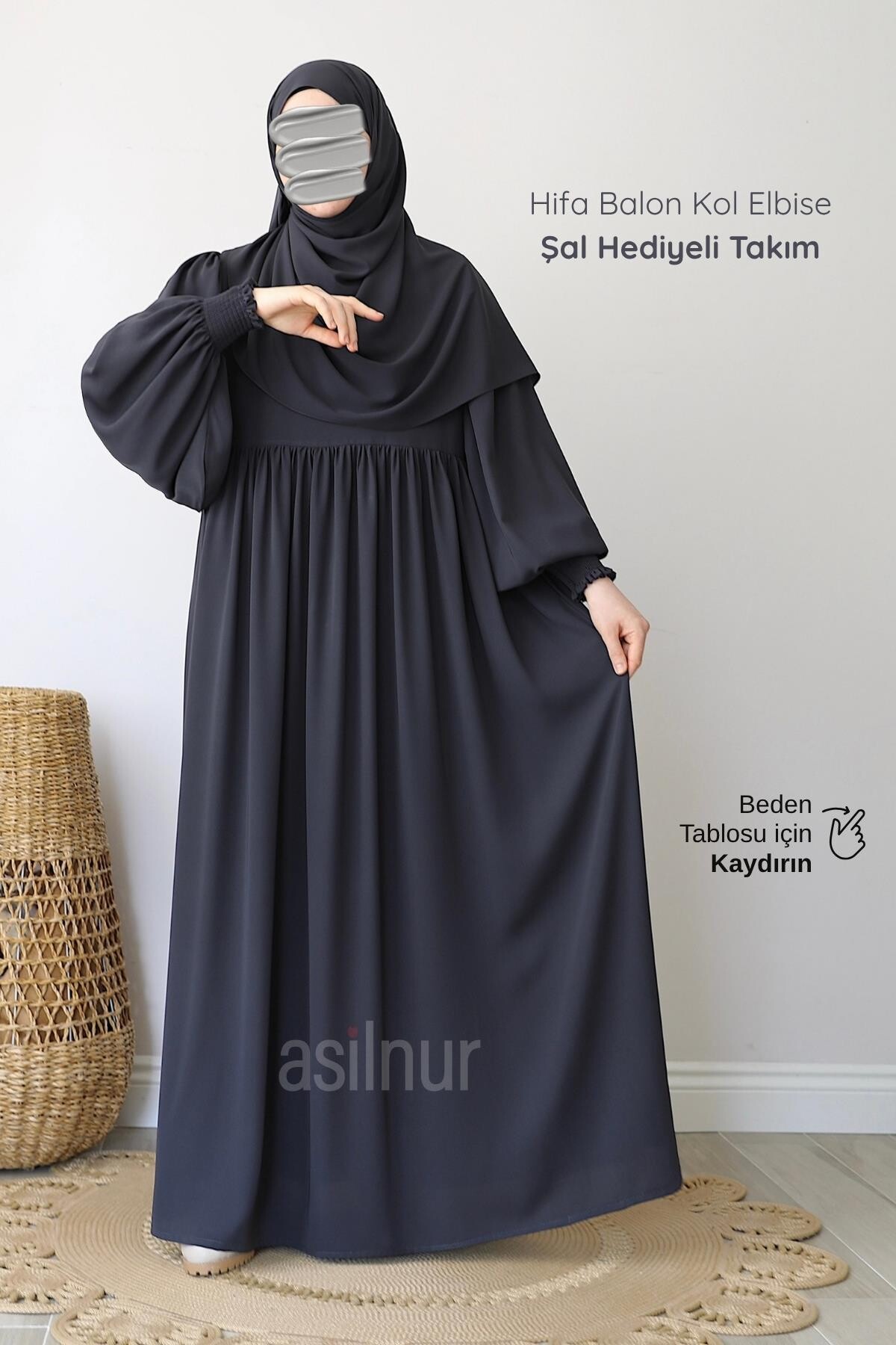 Hifa Balon Kol Elbise Şal Hediyeli Takım Füme - ASİLNUR