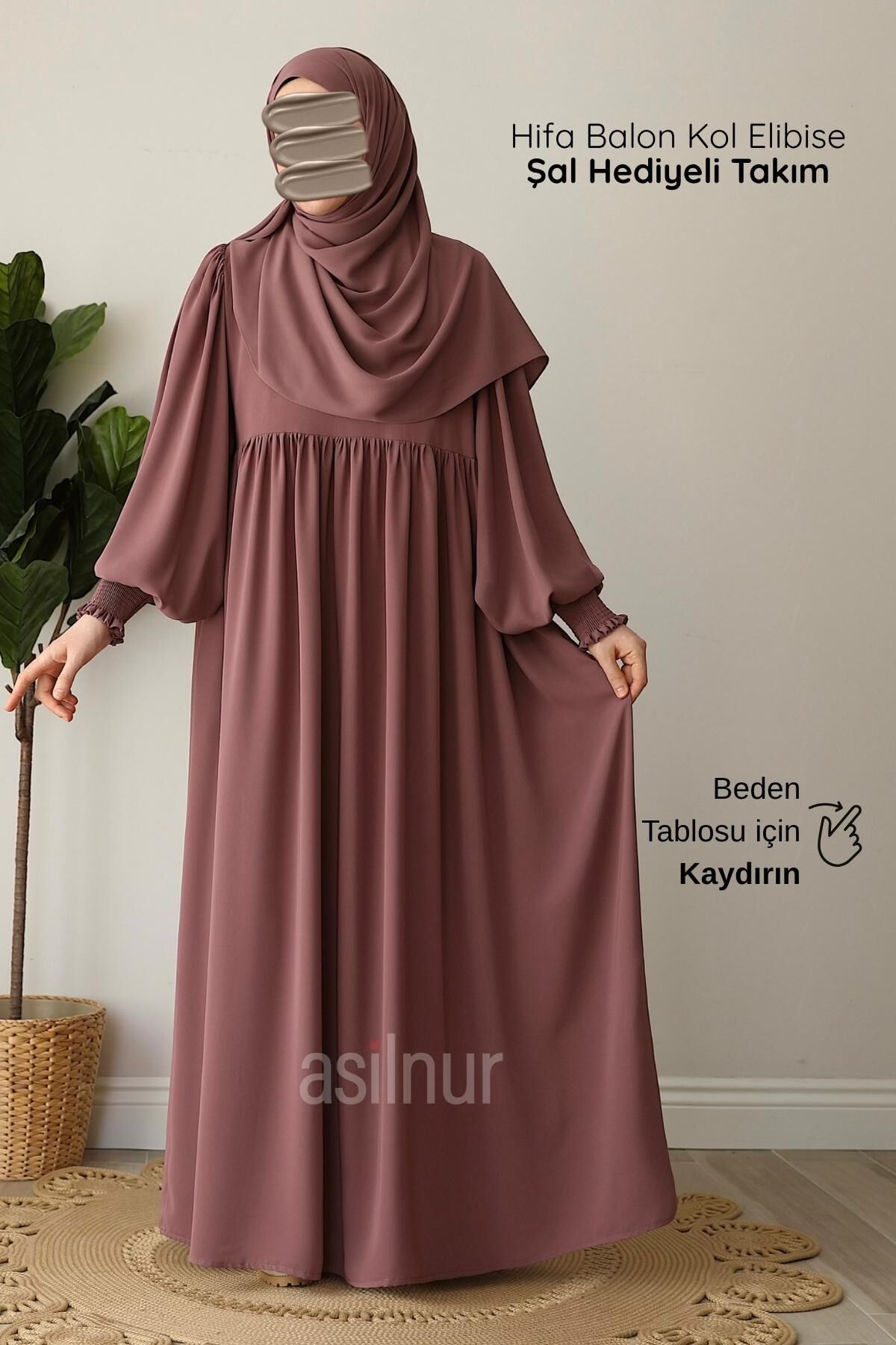 Hifa Balon Kol Elbise Şal Hediyeli Takım Gül Kurusu - 1