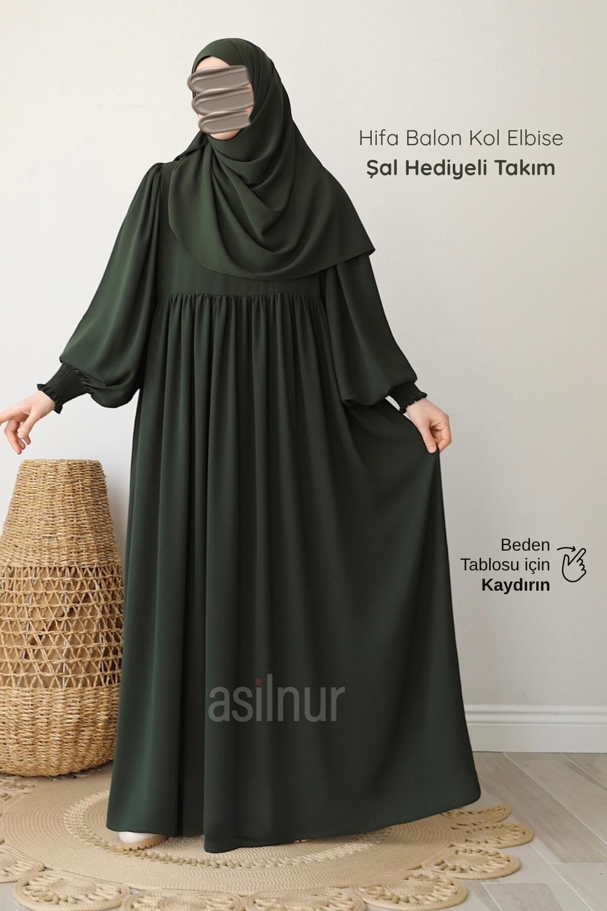 Hifa Balon Kol Elbise Şal Hediyeli Takım Haki - 1