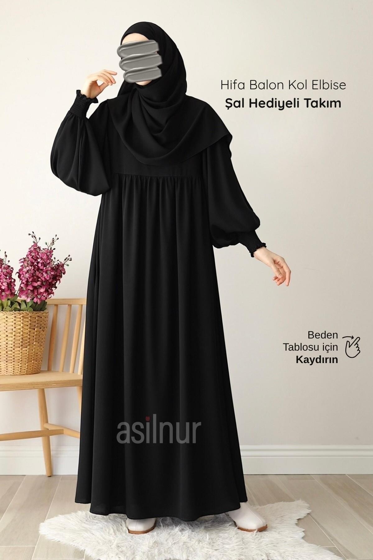 Hifa Balon Kol Elbise Şal Hediyeli Takım Siyah - ASİLNUR