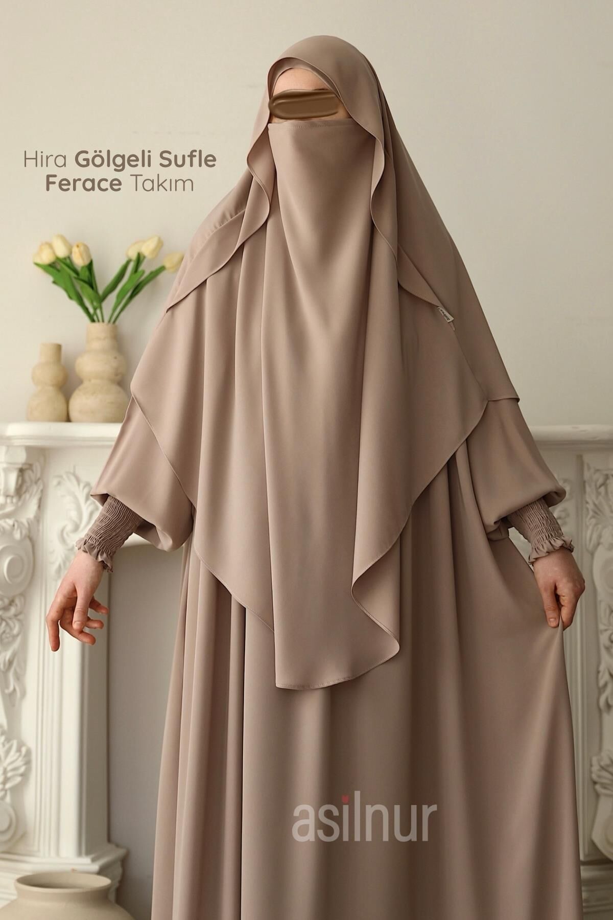 Hira Gölgeli Sufle Ferace Takım Bej - 1