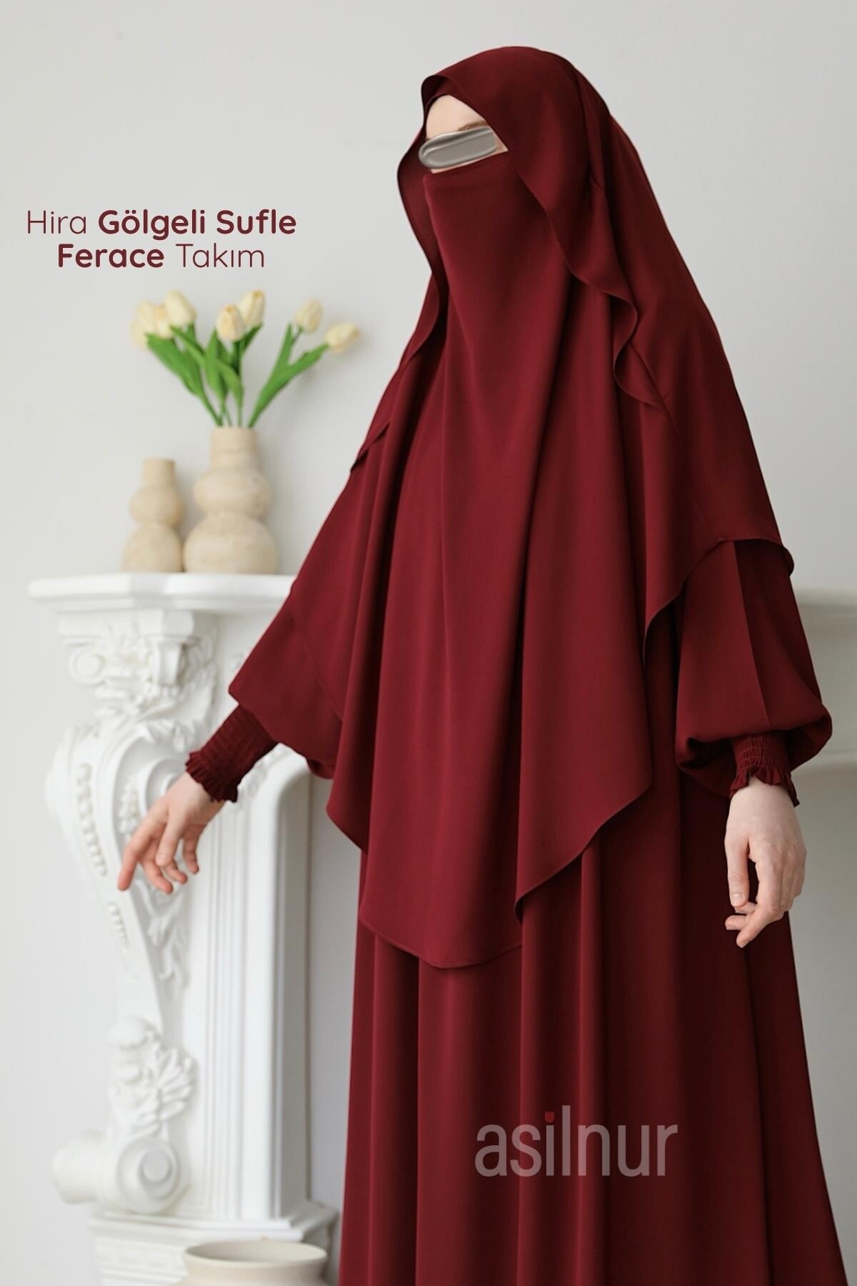 Hira Gölgeli Sufle Ferace Takım Bordo - ASİLNUR