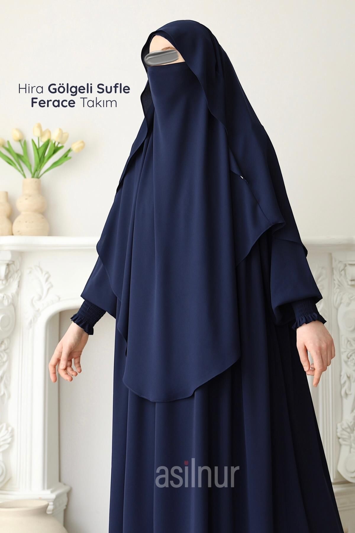 Hira Gölgeli Sufle Ferace Takım Lacivert - 1