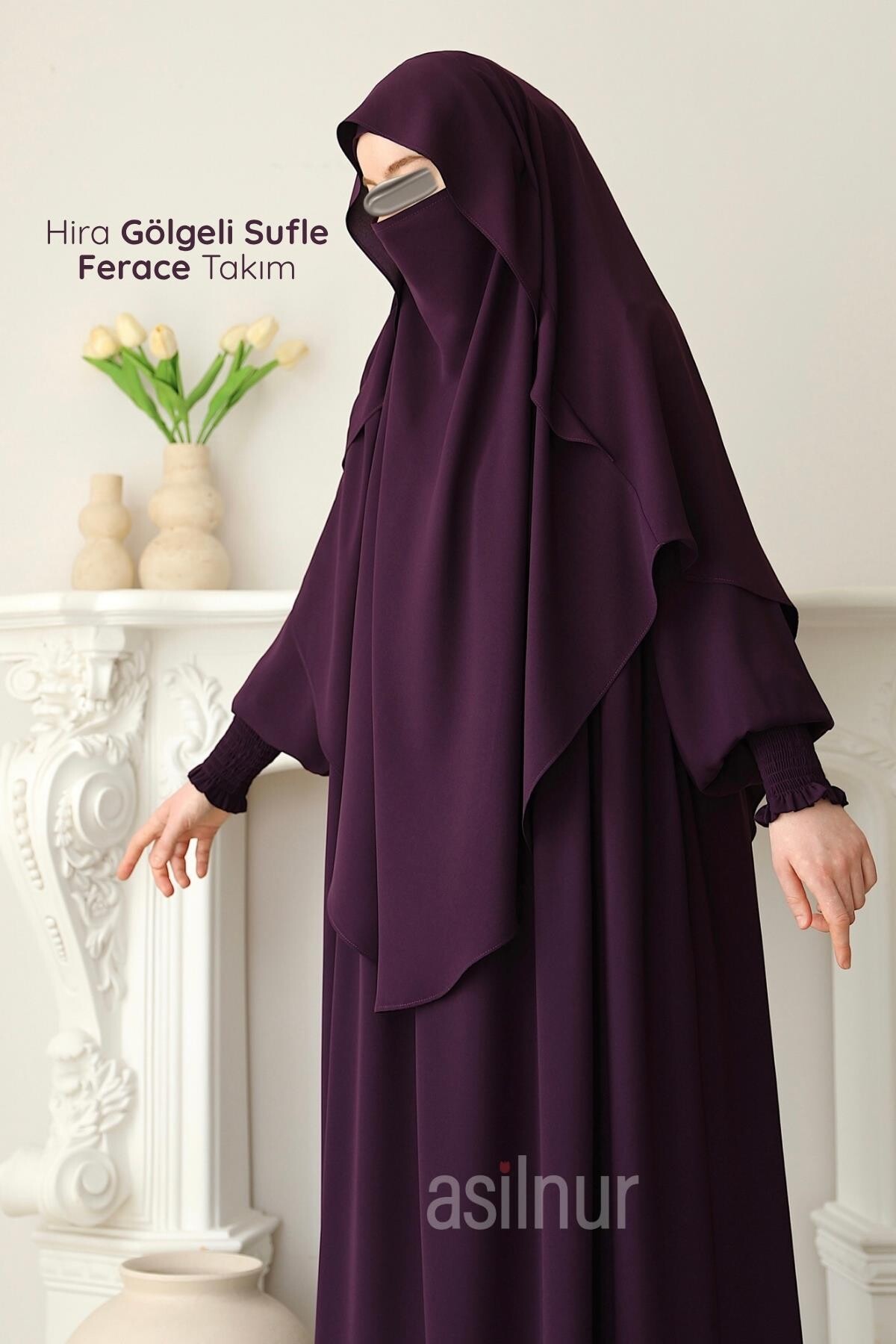 Hira Gölgeli Sufle Ferace Takım Mürdüm - ASİLNUR