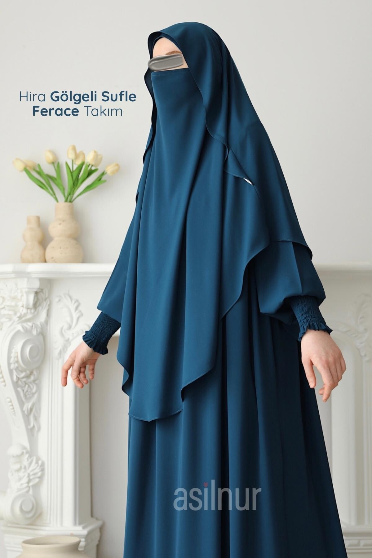 Hira Gölgeli Sufle Ferace Takım Petrol Mavisi - ASİLNUR