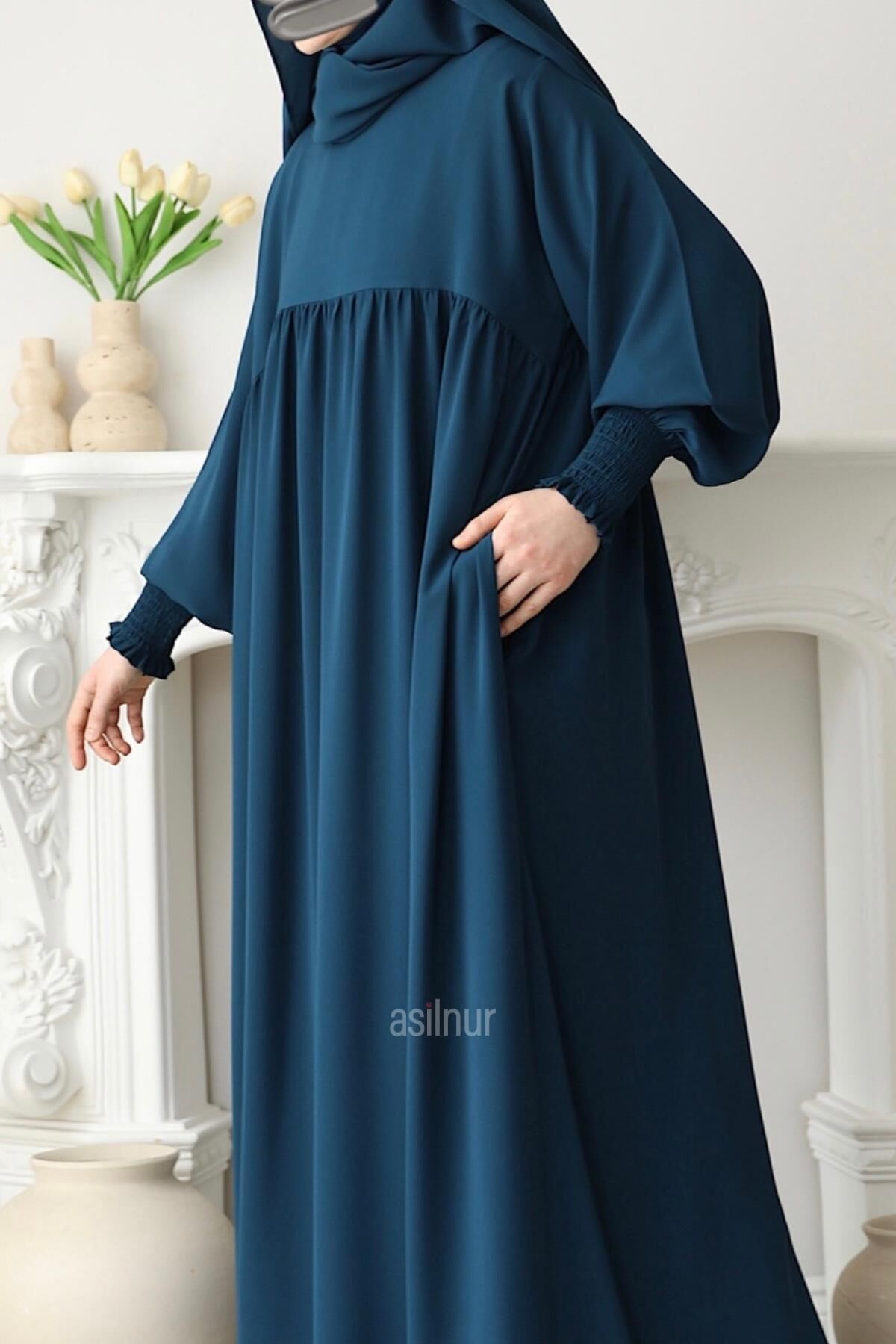 Hira Gölgeli Sufle Ferace Takım Petrol Mavisi - 7