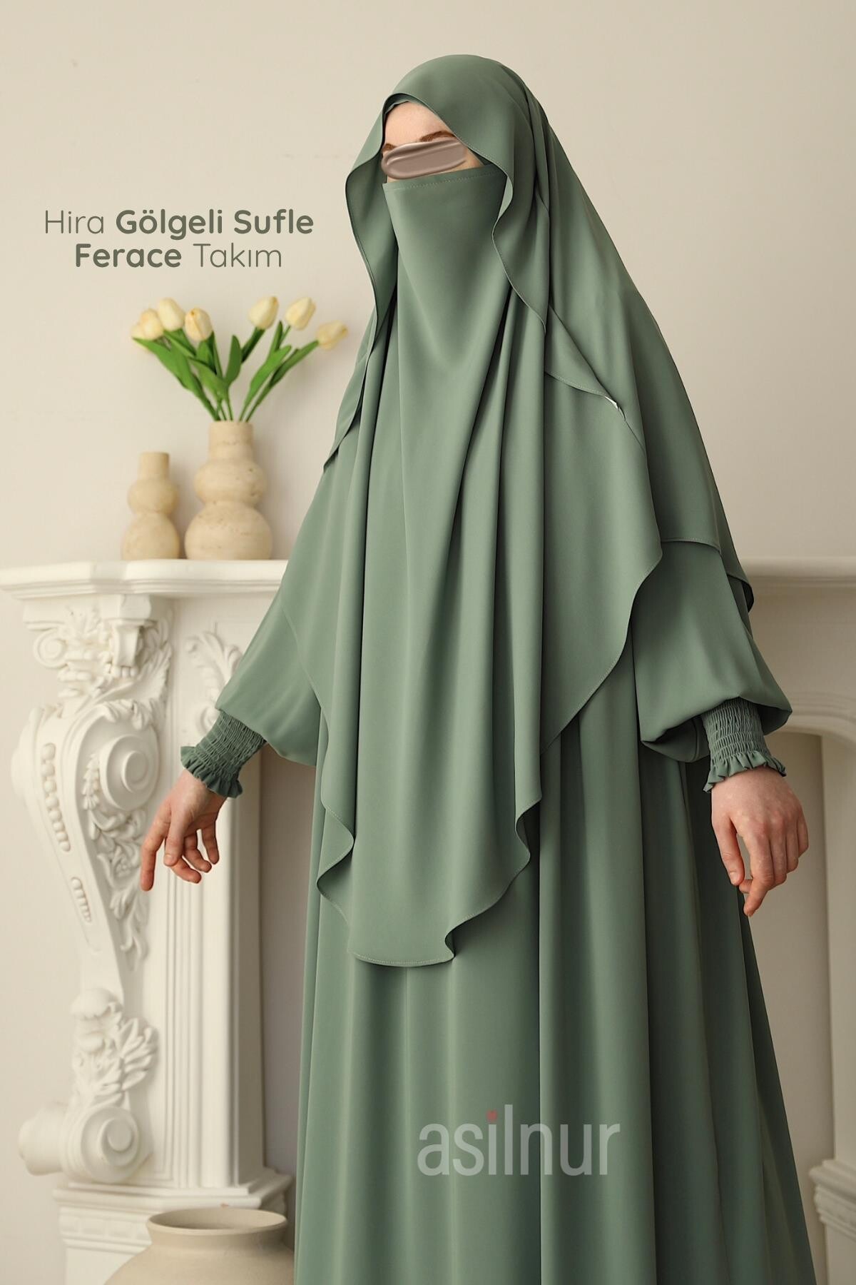 Hira Gölgeli Sufle Ferace Takım Su Yeşili - ASİLNUR