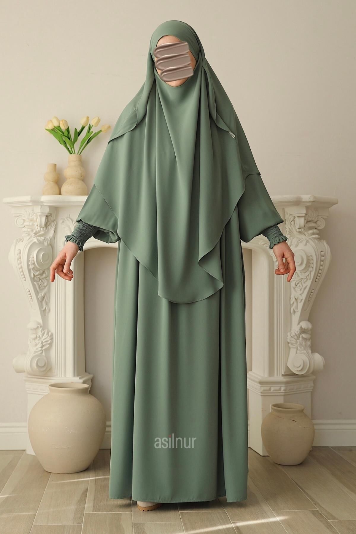 Hira Gölgeli Sufle Ferace Takım Su Yeşili - 3