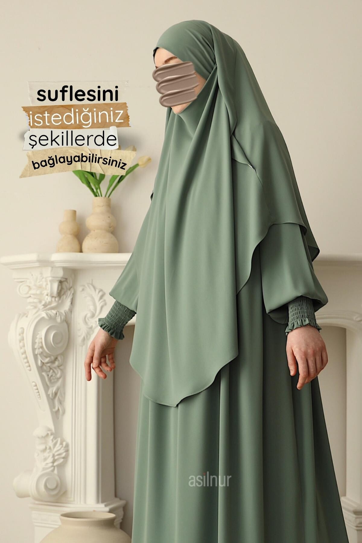 Hira Gölgeli Sufle Ferace Takım Su Yeşili - 6