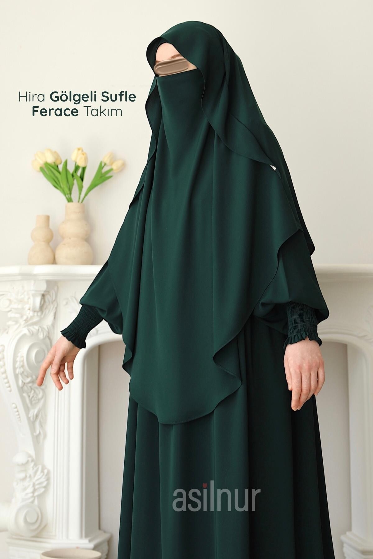 Hira Gölgeli Sufle Ferace Takım Zümrüt Yeşili - ASİLNUR