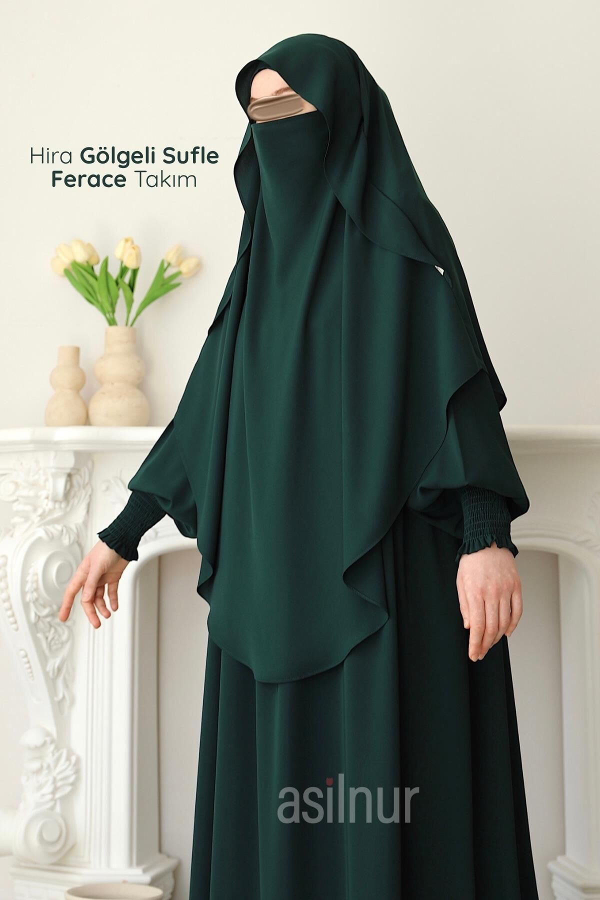 Hira Gölgeli Sufle Ferace Takım Zümrüt Yeşili - 1