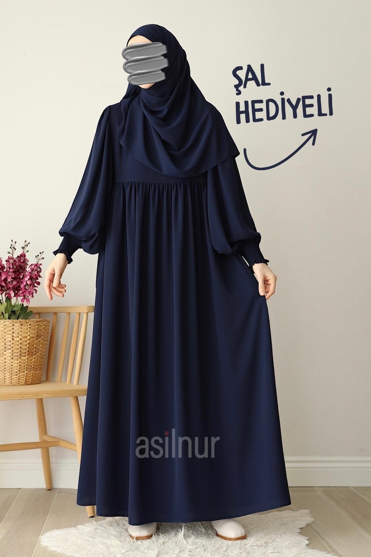 Hüsna Balon Kol Ferace Şal Hediyeli Takım Lacivert 