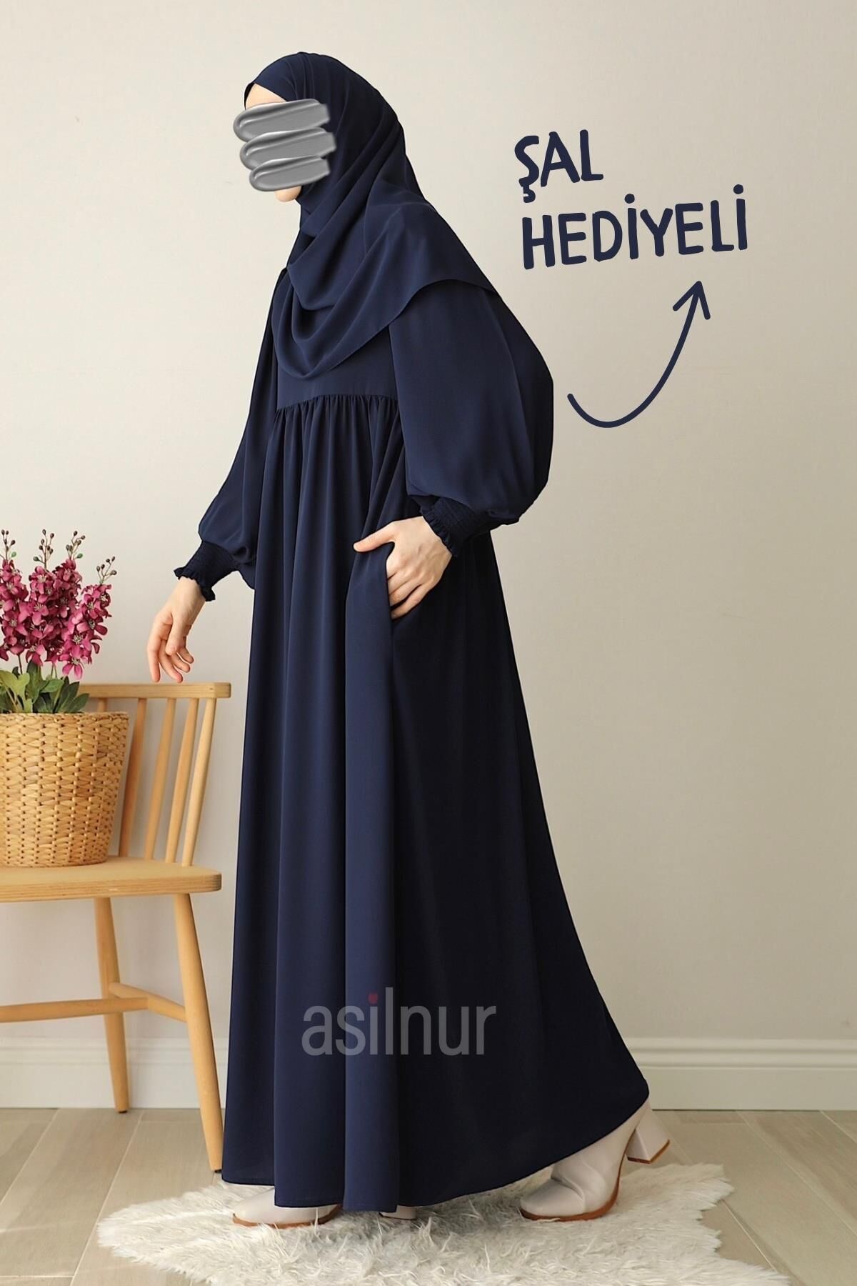 Hüsna Balon Kol Elbise Şal Hediyeli Takım Lacivert - 3