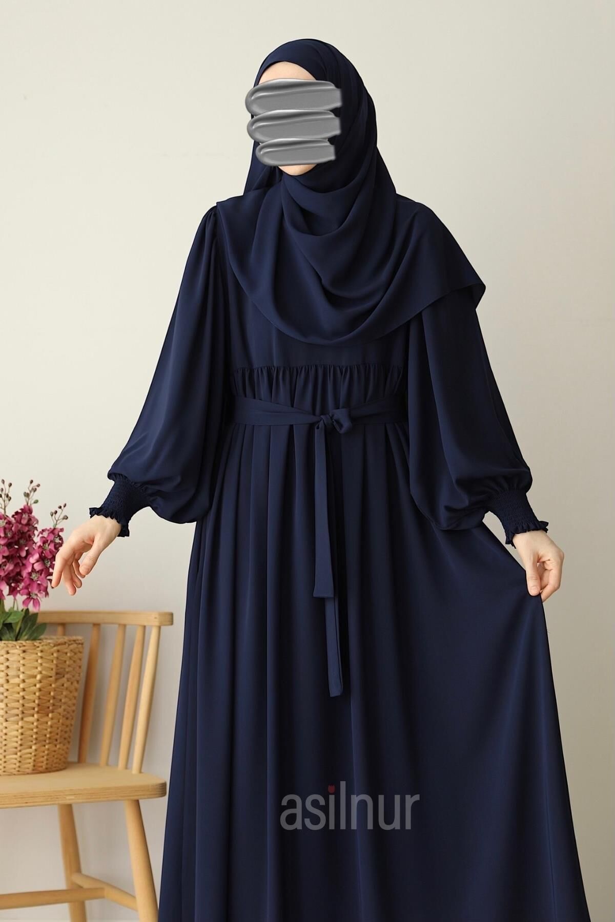 Hüsna Balon Kol Elbise Şal Hediyeli Takım Lacivert - 5