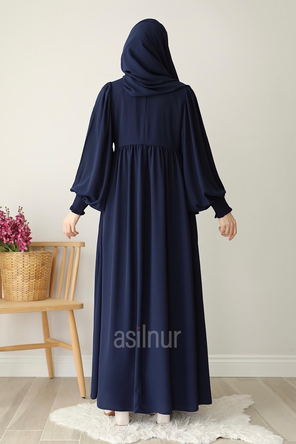 Hüsna Balon Kol Elbise Şal Hediyeli Takım Lacivert - 4