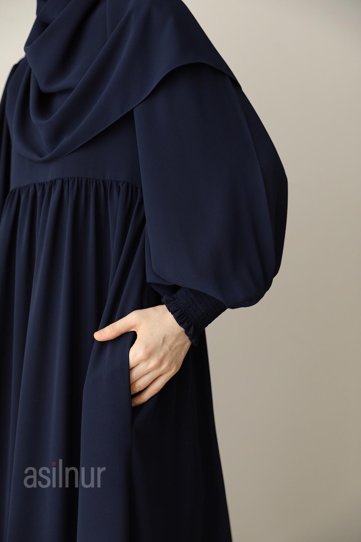 Hüsna Balon Kol Elbise Şal Hediyeli Takım Lacivert - 6