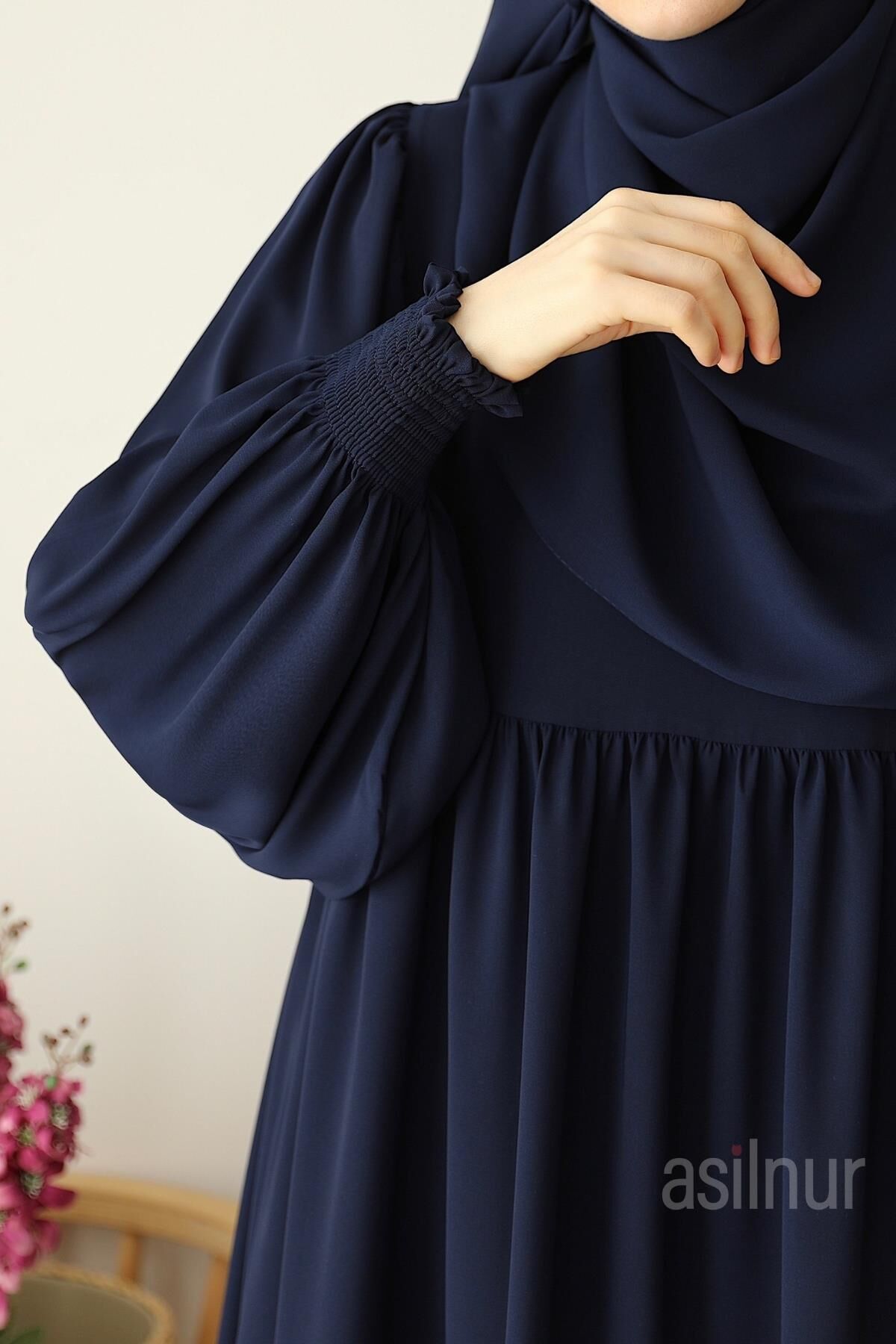 Hüsna Balon Kol Elbise Şal Hediyeli Takım Lacivert - 7